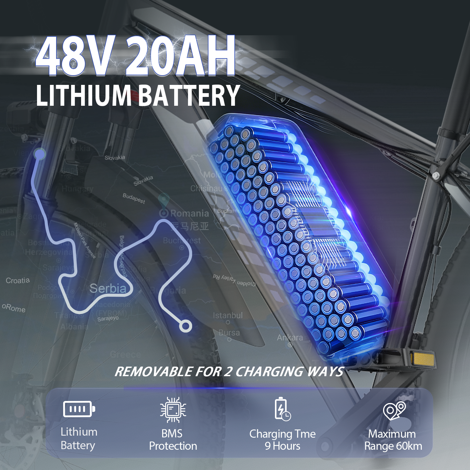 Batteria per e-bike illuminata nel telaio, il testo mostra Batteria al Litio 48V 20AH e funzioni di ricarica.