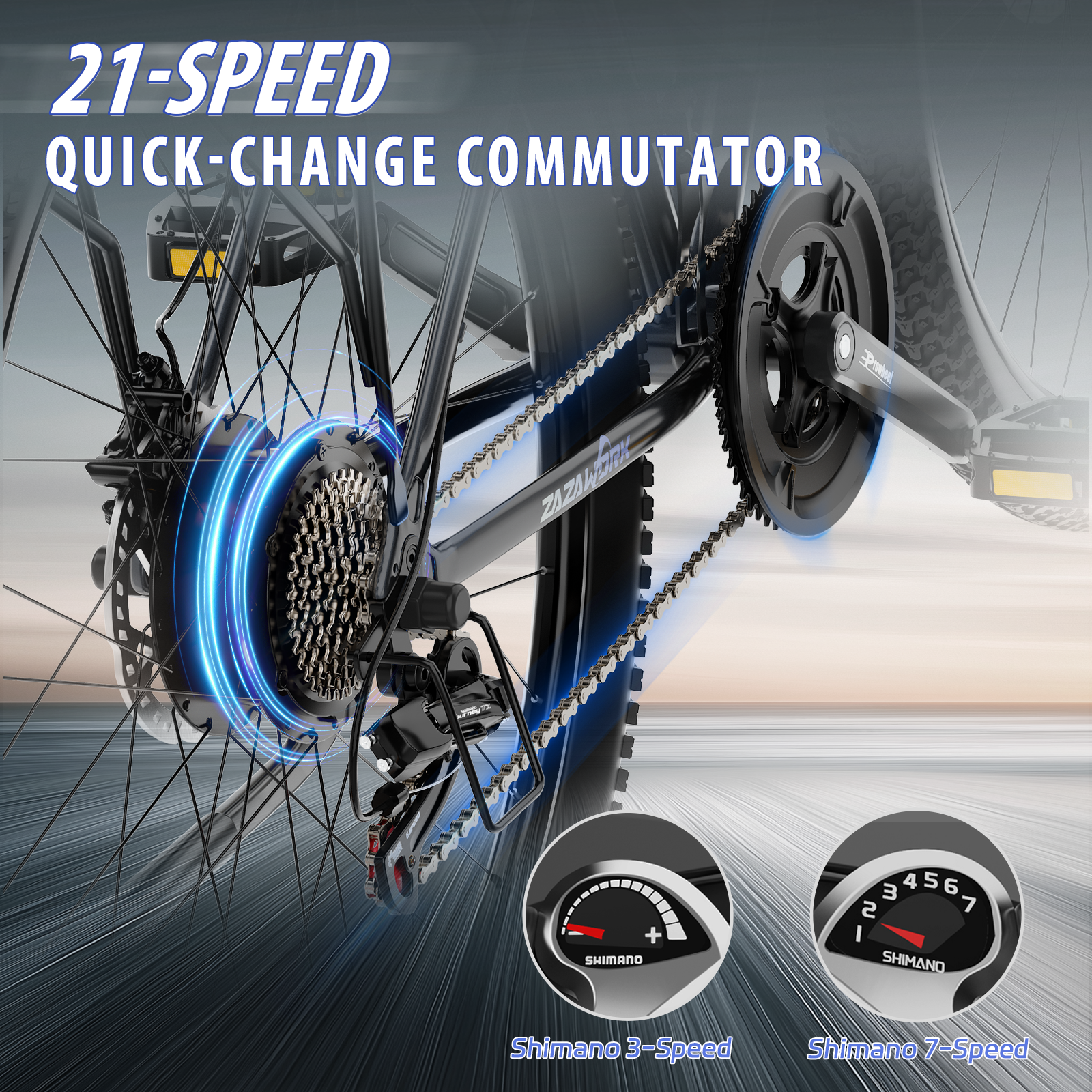 Primer plano de un sistema de marchas de 21 velocidades con Shimano.