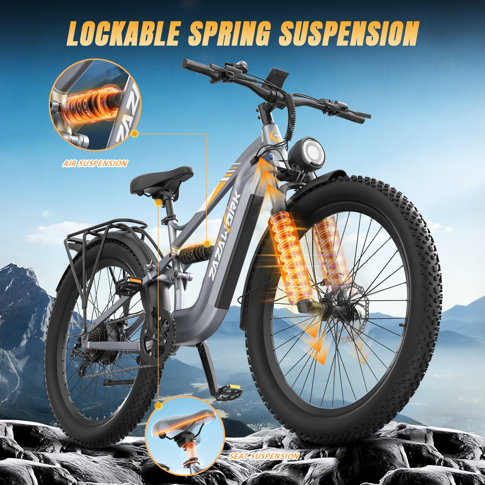 Bici elettrica grigia con gomme larghe, sospensioni anteriori, sella e telaio.