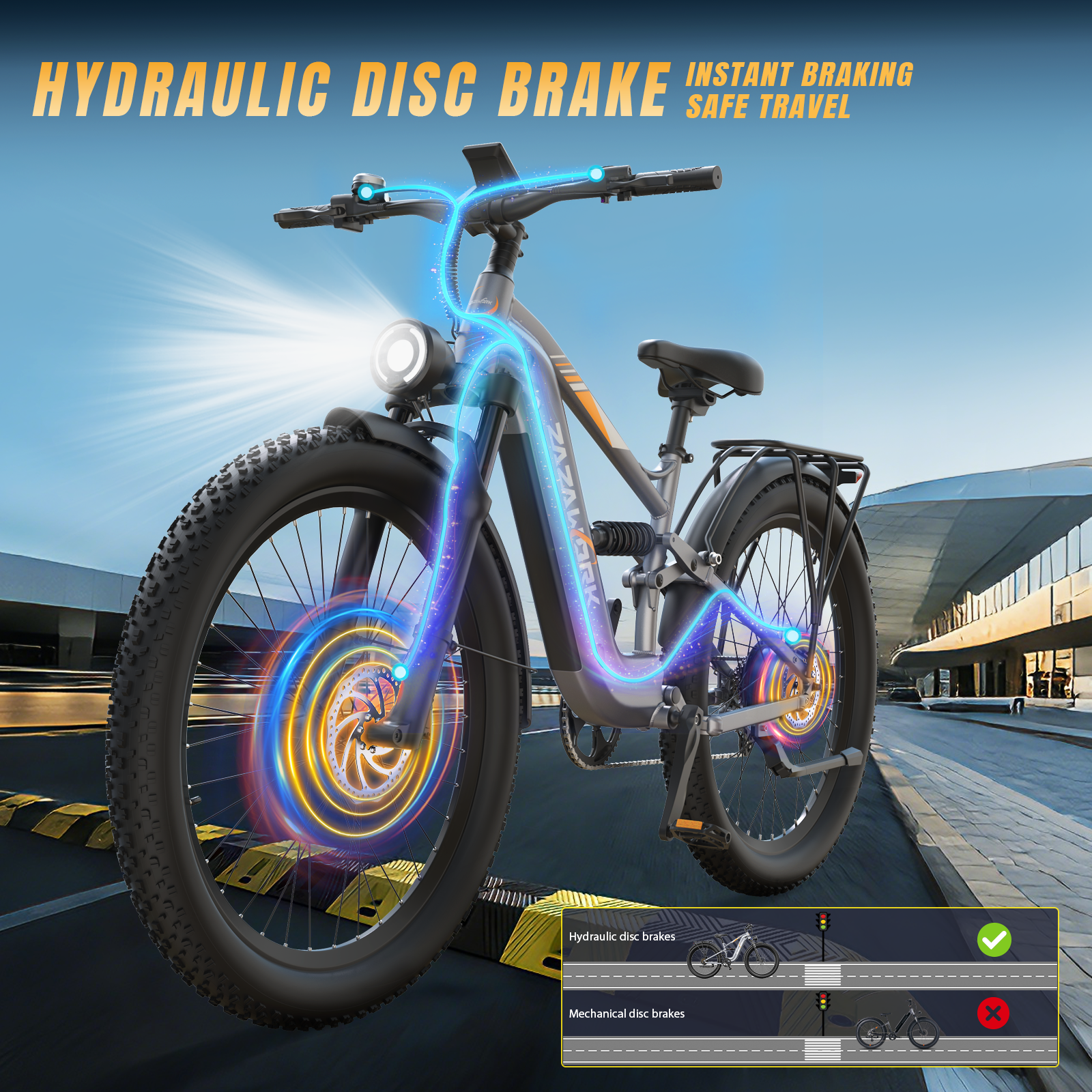 Una e-bike con freni a disco idraulici, tubi freno luminosi e fari su una strada, con testo sulla sicurezza.