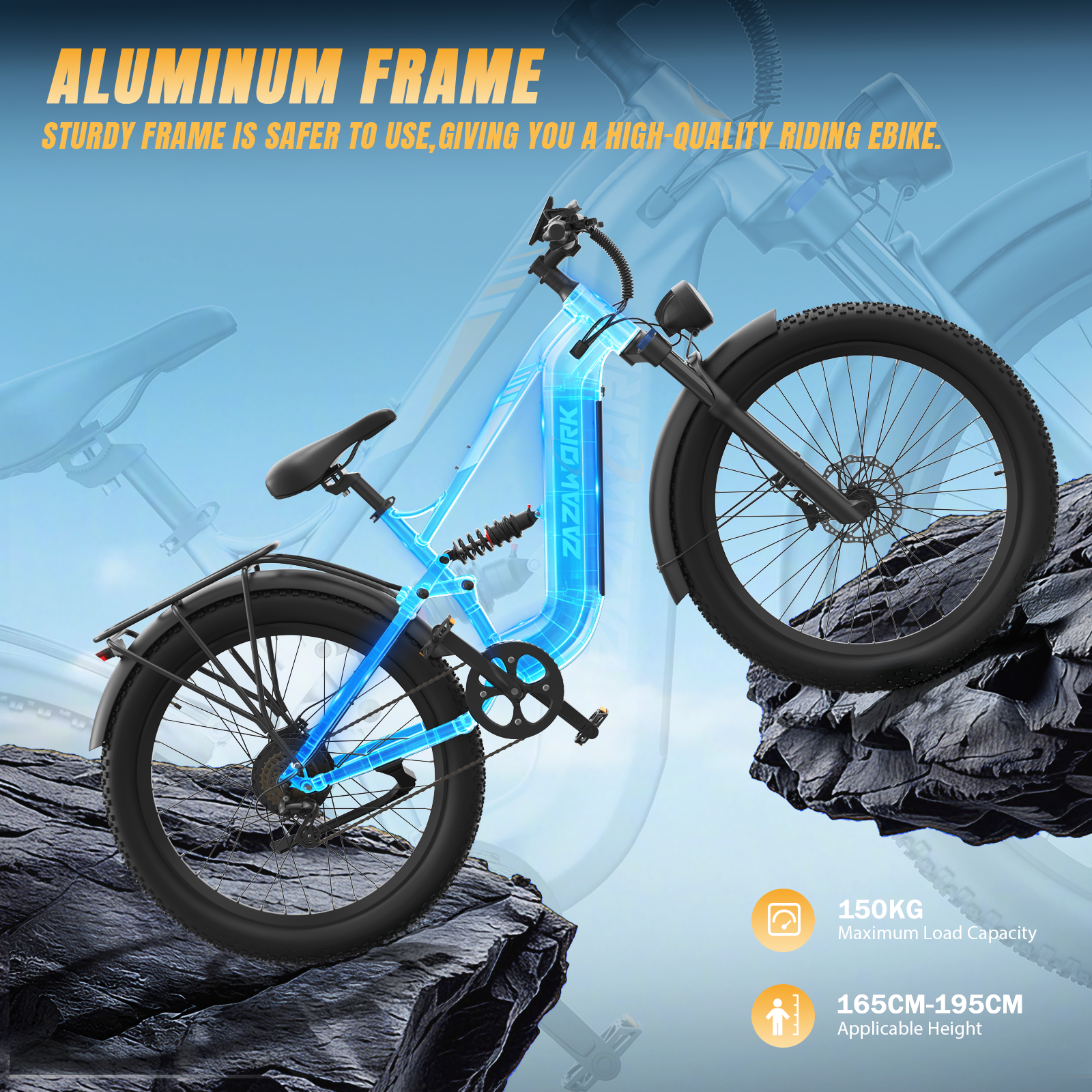 Una e-bike su rocce con telaio in alluminio blu luminoso e testo.