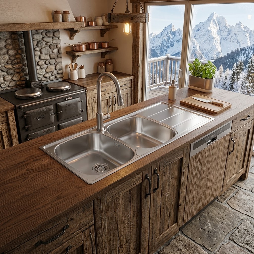 Una cucina rustica ha un'isola in legno con doppio lavello, una stufa vintage e vista sulle montagne innevate.