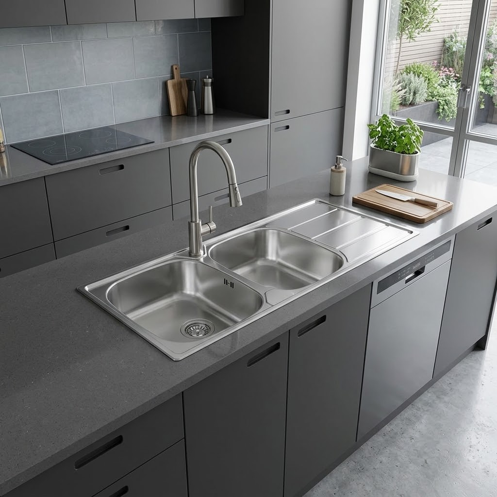 Moderna cucina grigia con lavello a doppia vasca, piano di lavoro, lavastoviglie integrata e vista giardino.