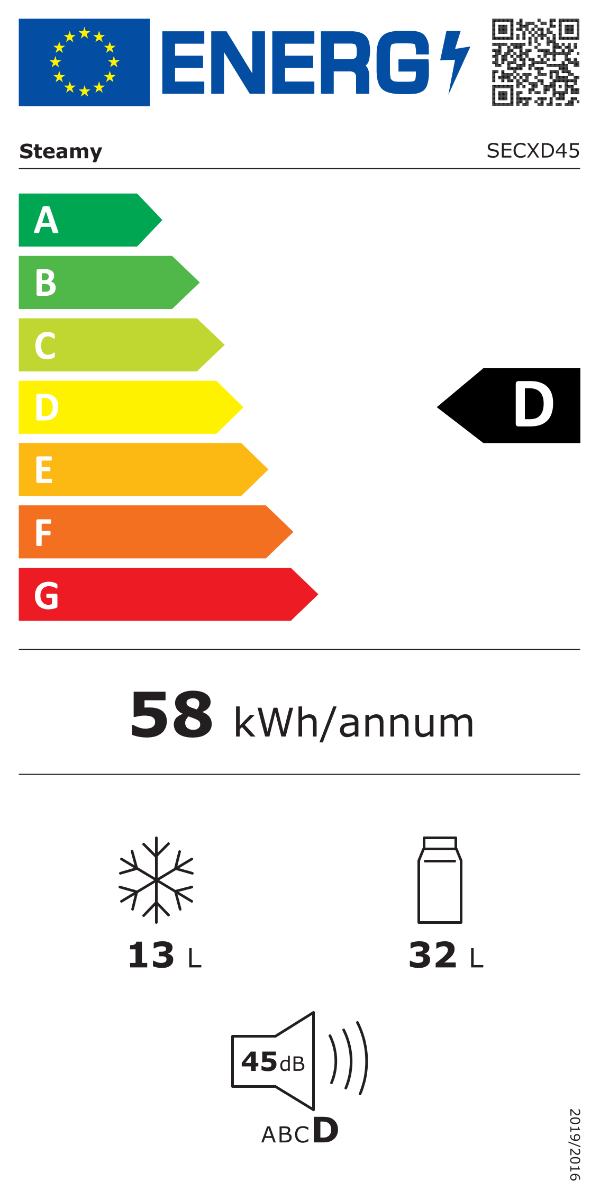 Etichetta energetica UE Steamy SECXD45, classe D, 58 kWh/anno, 13L, 32L e 45dB.