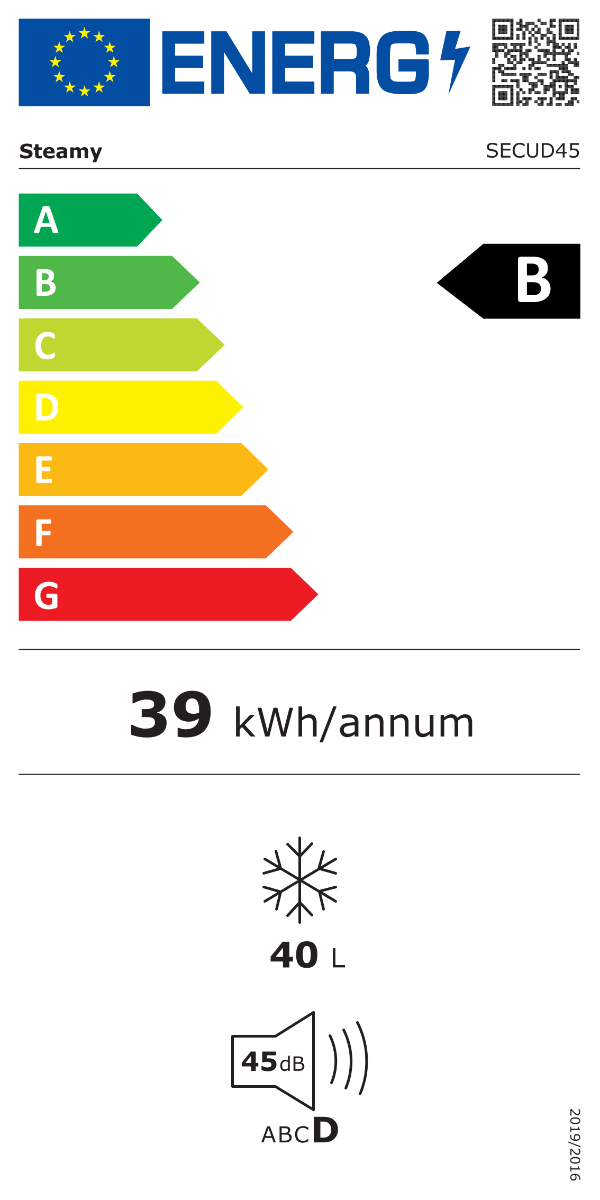 Etichetta energetica UE per apparecchio Steamy di classe B, 39 kWh all'anno, 40 L e 45 dB.