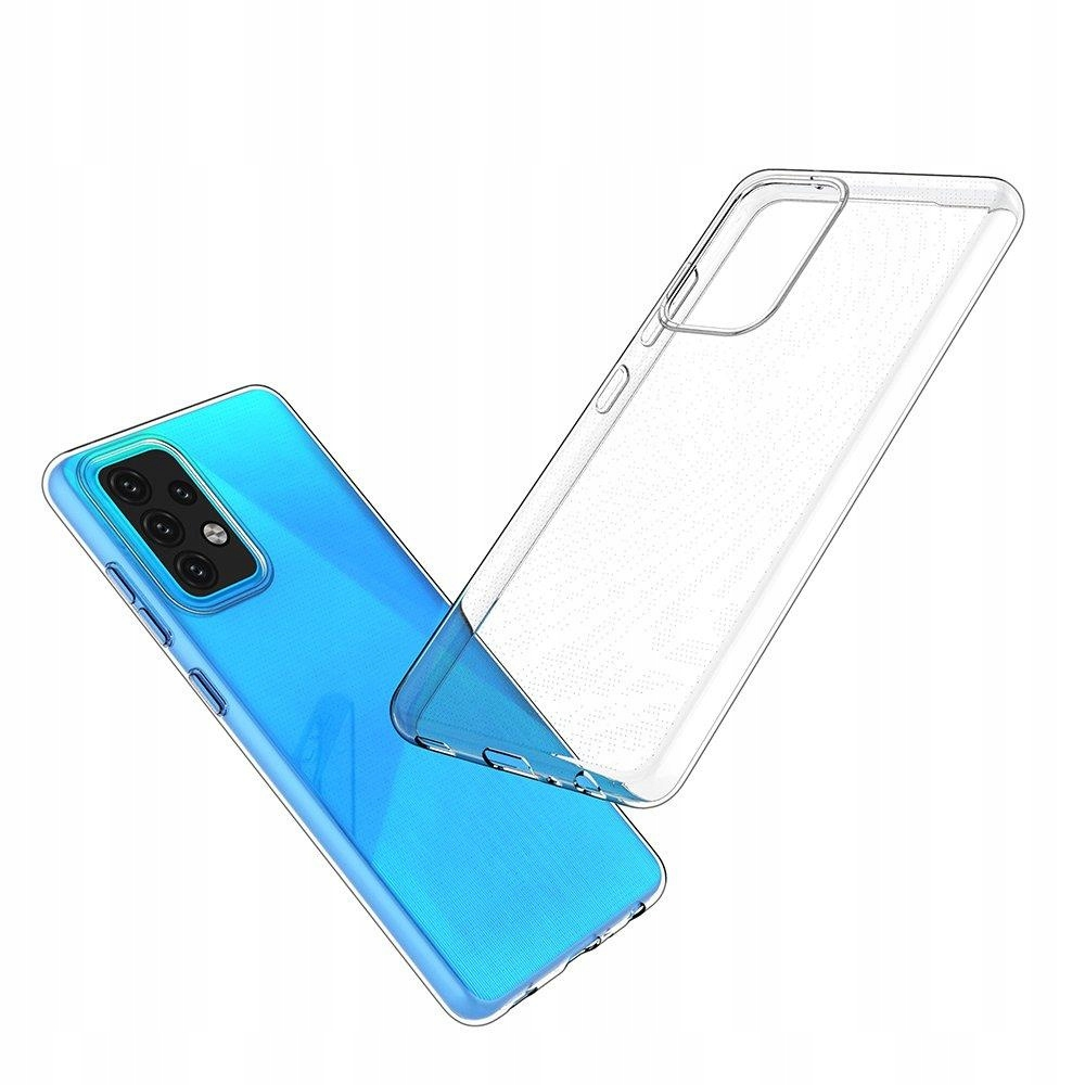 Uno smartphone blu e una custodia protettiva trasparente su sfondo bianco.
