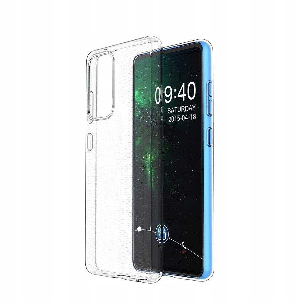 Uno smartphone con bordi blu e una custodia protettiva trasparente su sfondo bianco.