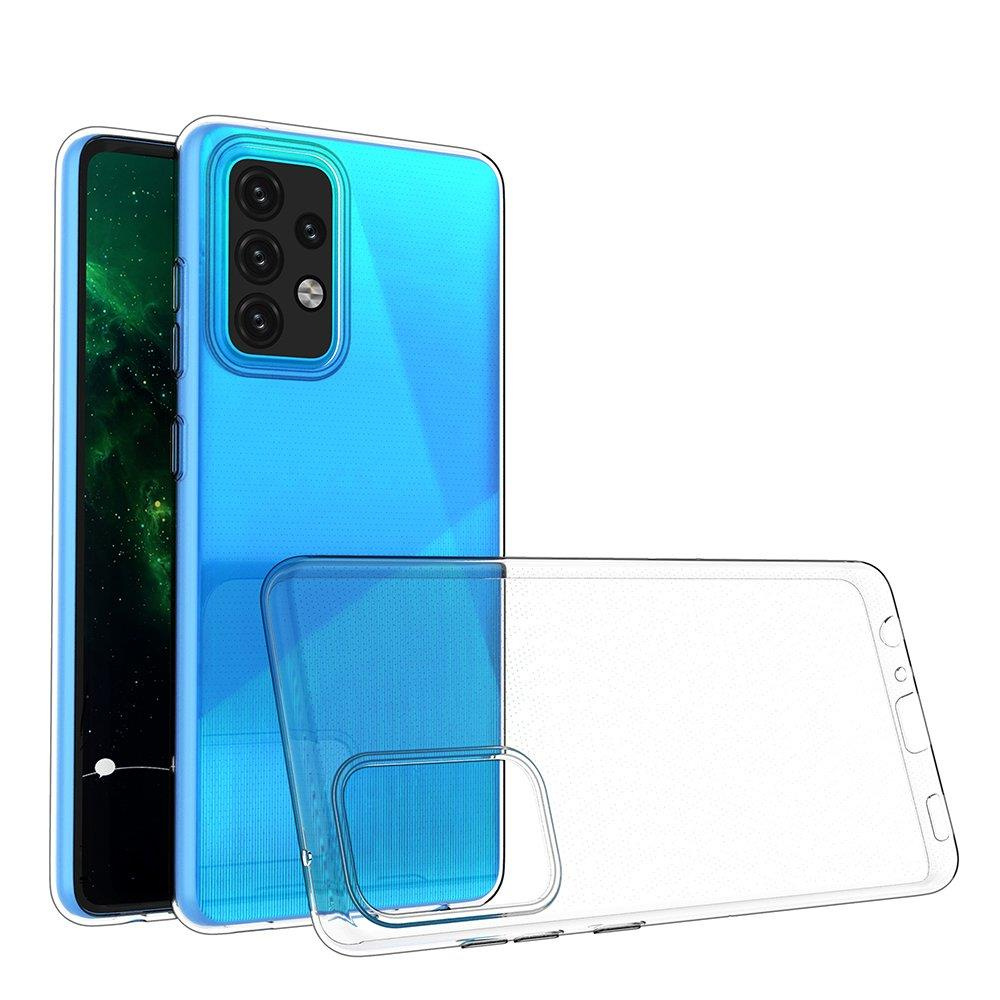 Uno smartphone blu con cover trasparente in primo piano.