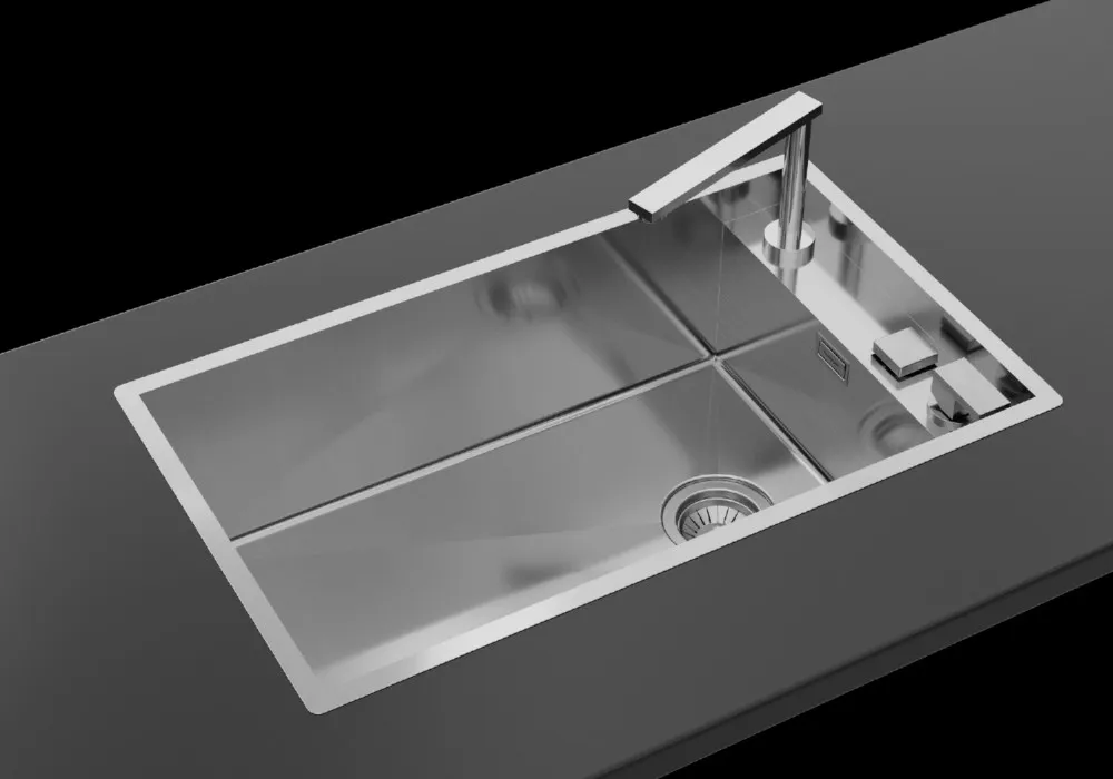 Moderno lavello da cucina in acciaio inossidabile con rubinetto inserito in un piano di lavoro nero.