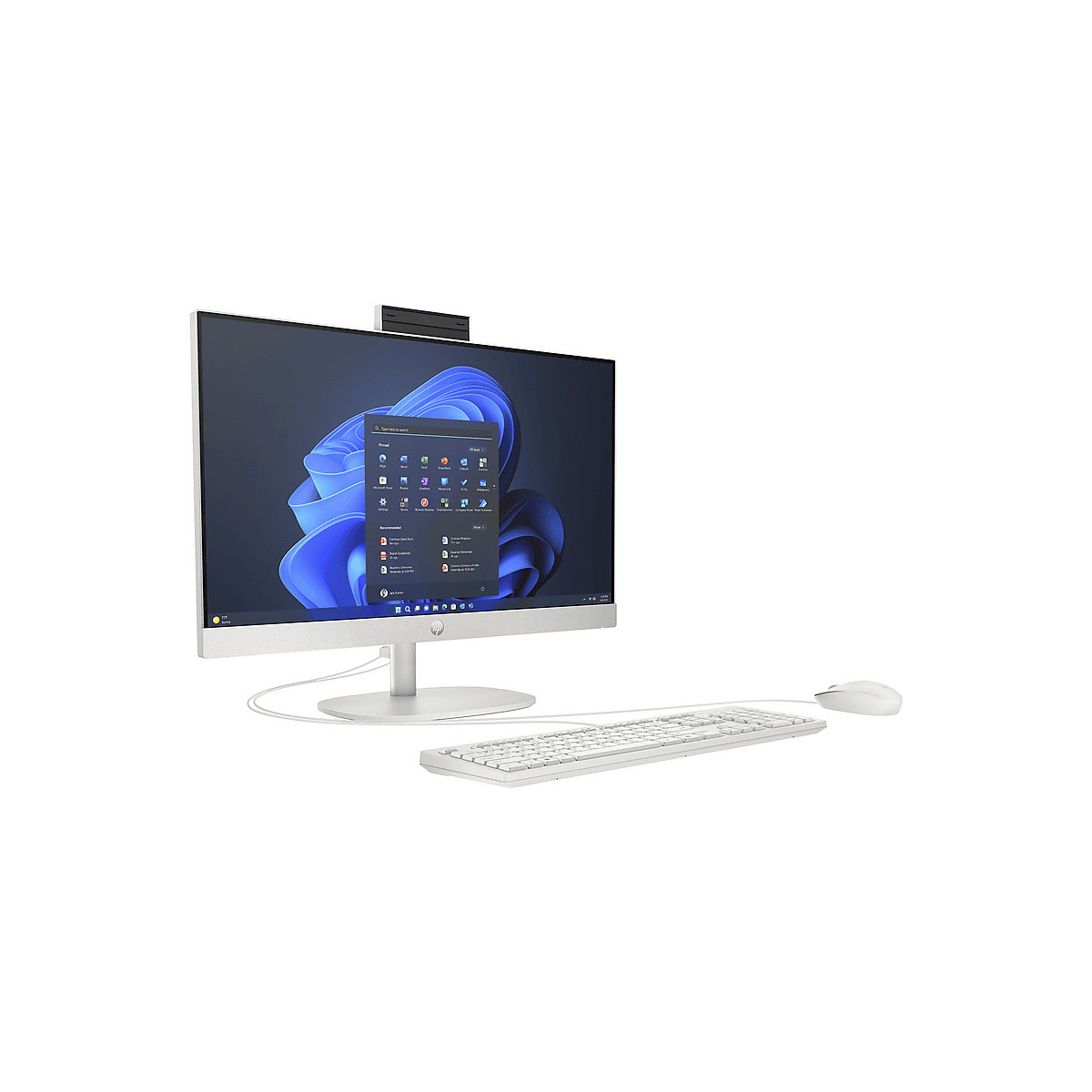 Un computer desktop all-in-one bianco con tastiera e mouse su una superficie bianca.