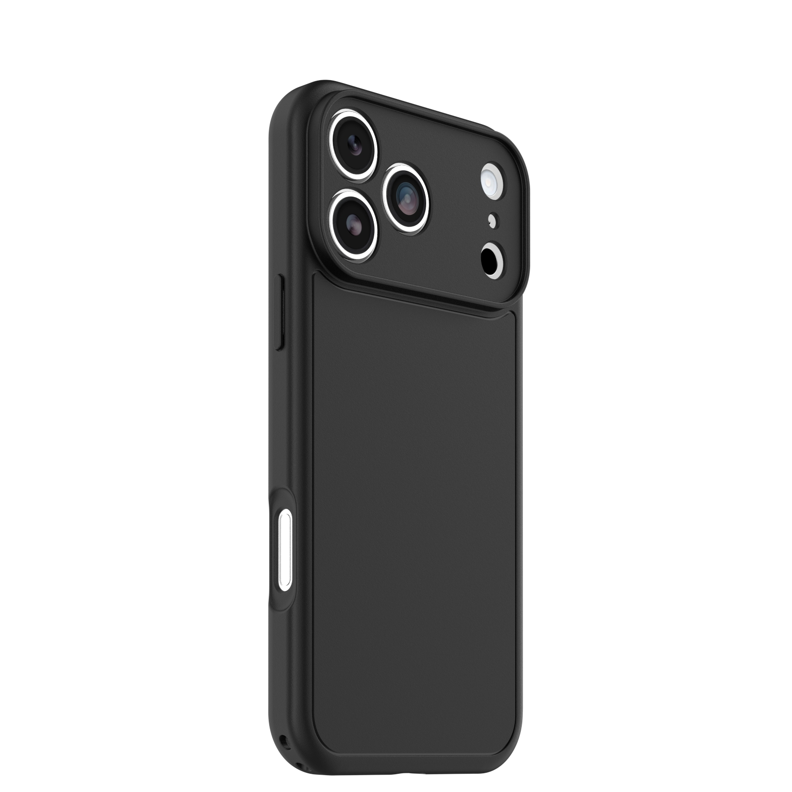 Un smartphone noir dans une coque de protection avec trois caméras à l'arrière.