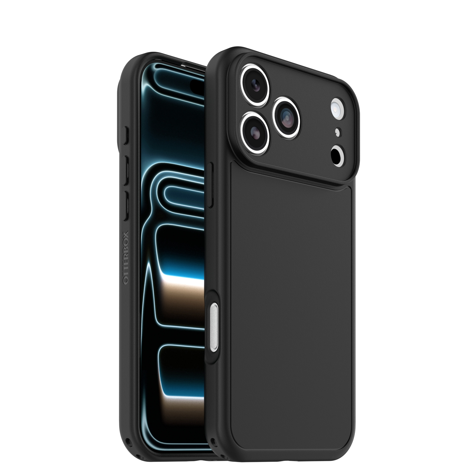 Coque de smartphone Otterbox noire montrant l'avant et l'arrière d'un téléphone sur fond blanc.