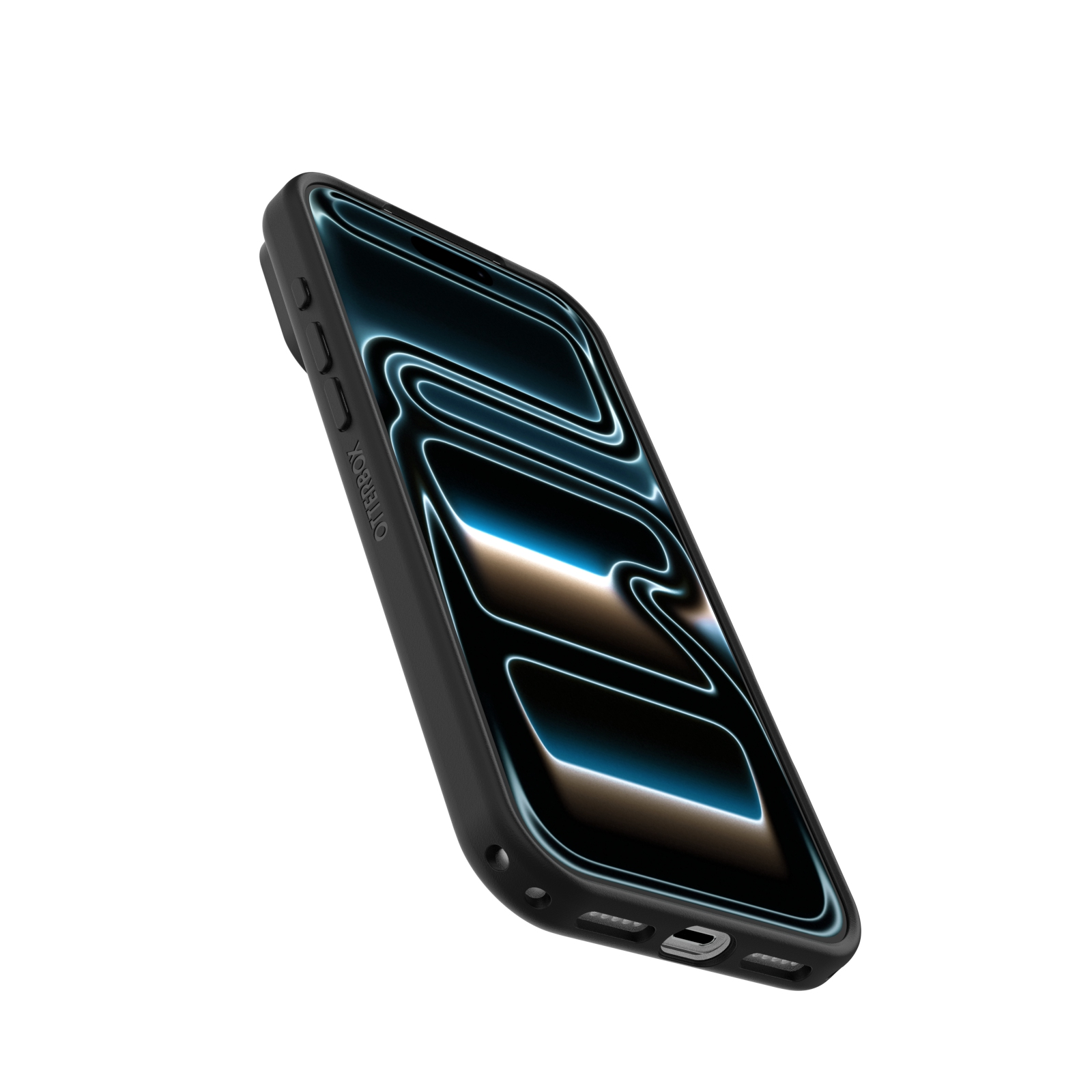 Un smartphone noir dans une coque Otterbox avec écran à motif de vagues bleues sur fond blanc.