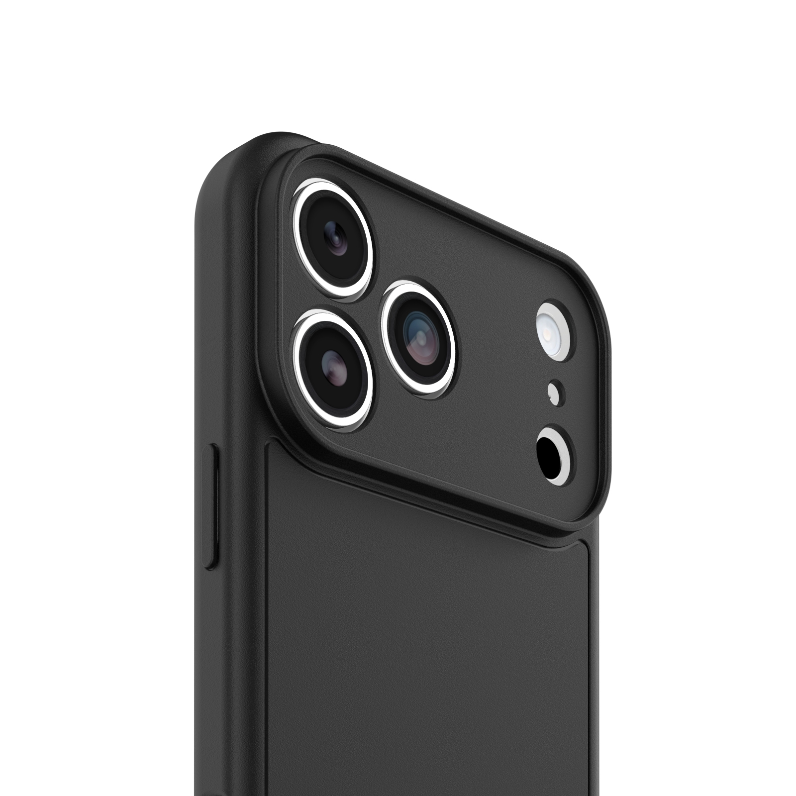Gros plan sur le dos d'un smartphone noir avec un appareil photo à triple objectif et une coque de protection sur fond blanc.