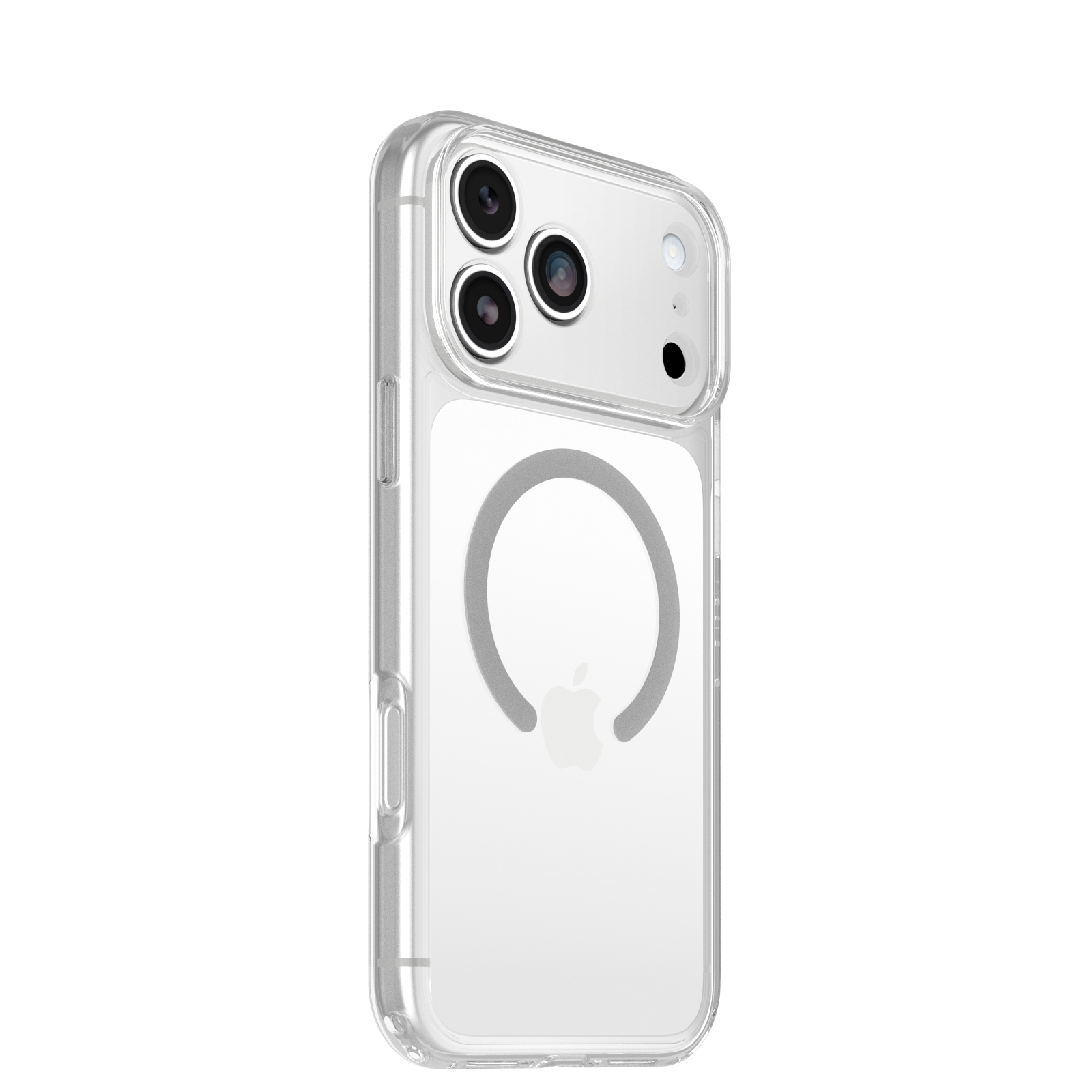 Une coque de smartphone transparente avec un anneau magnétique circulaire au dos, sur fond blanc.