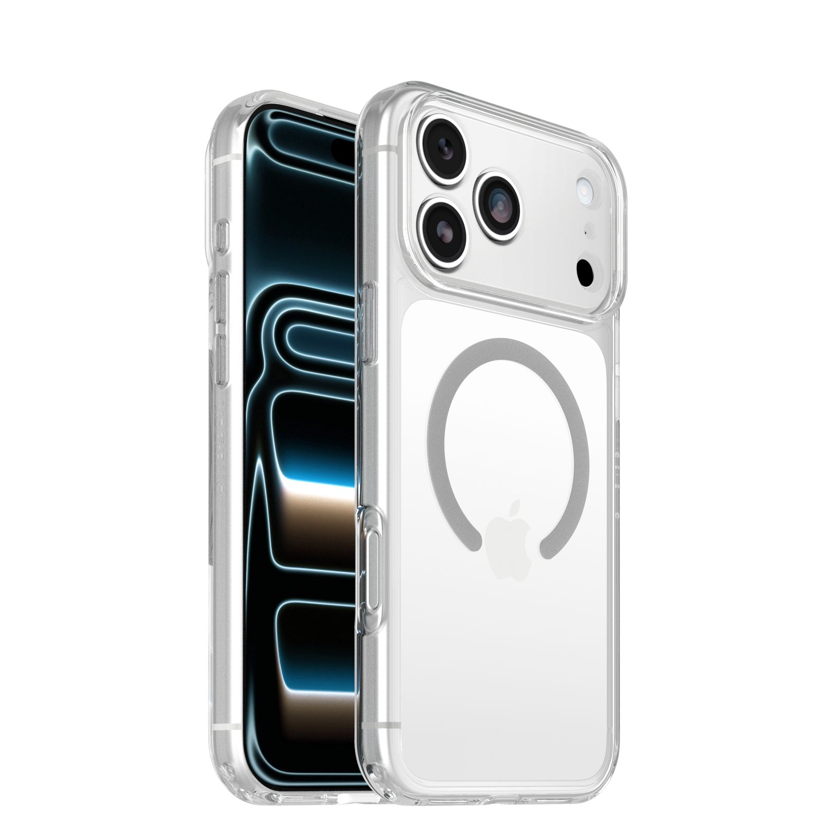 Un smartphone dans une coque de protection transparente avec un anneau MagSafe et un triple appareil photo.