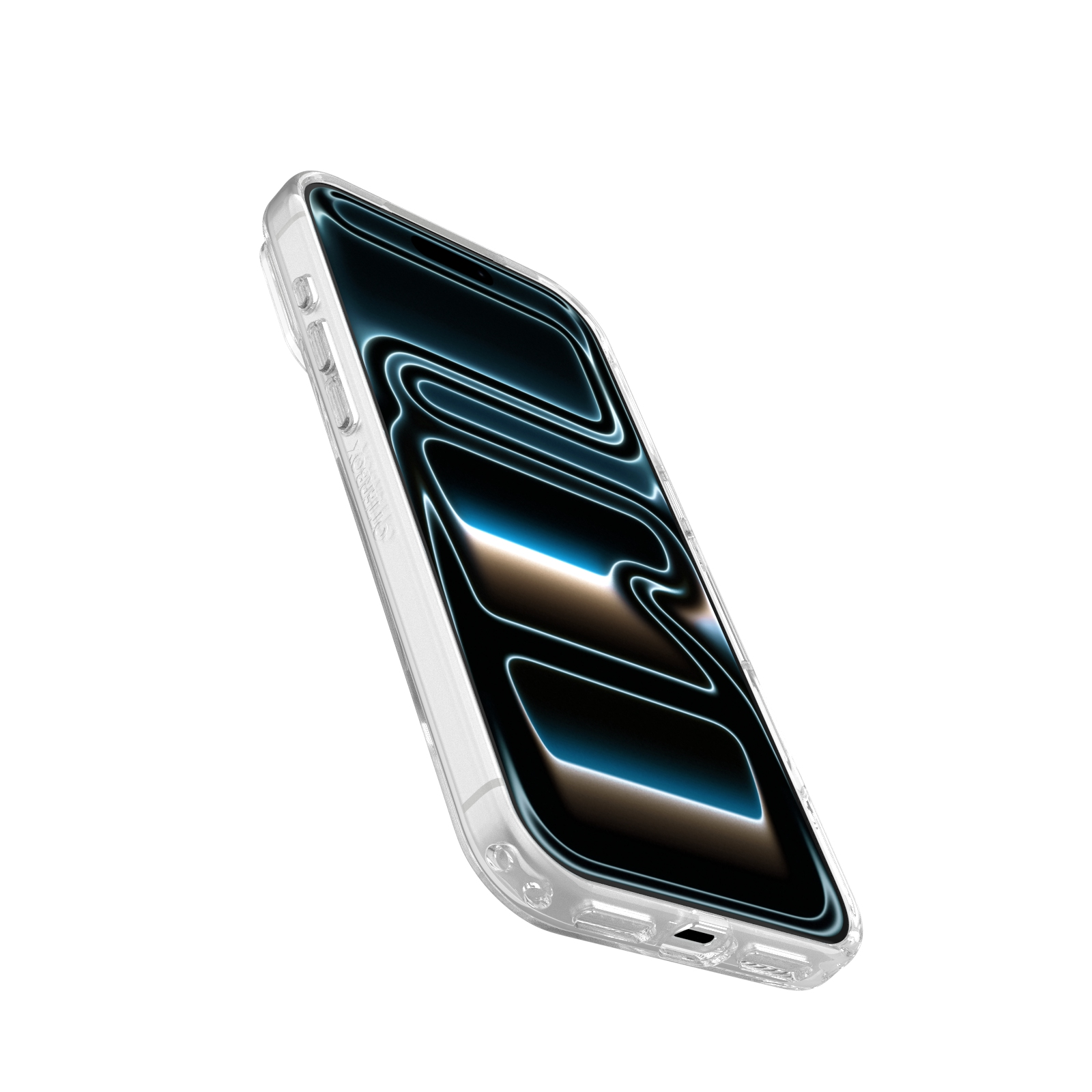 Un smartphone dans une coque de protection transparente sur fond blanc.