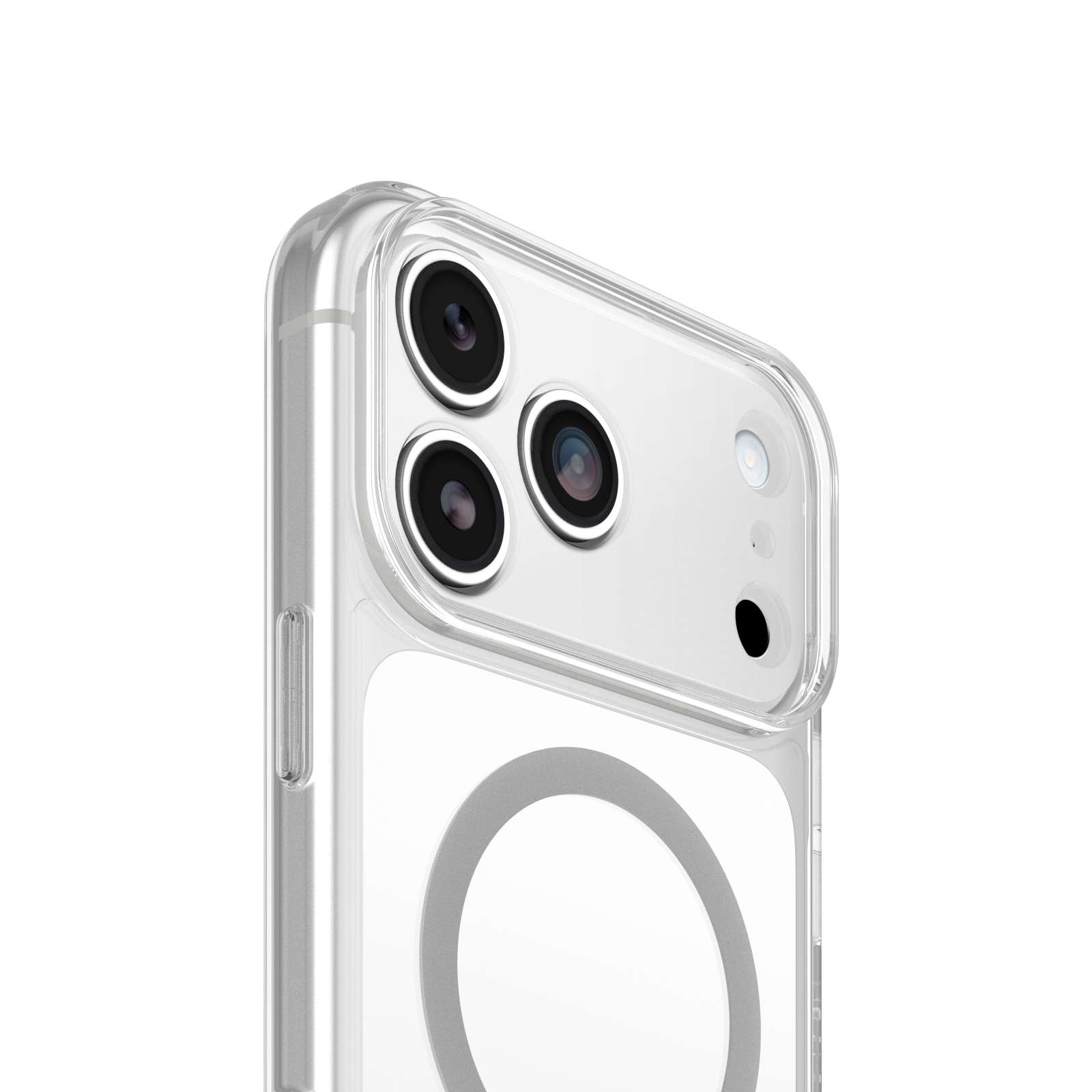 Dos d'un smartphone dans une coque de protection transparente avec trois appareils photo et un anneau.