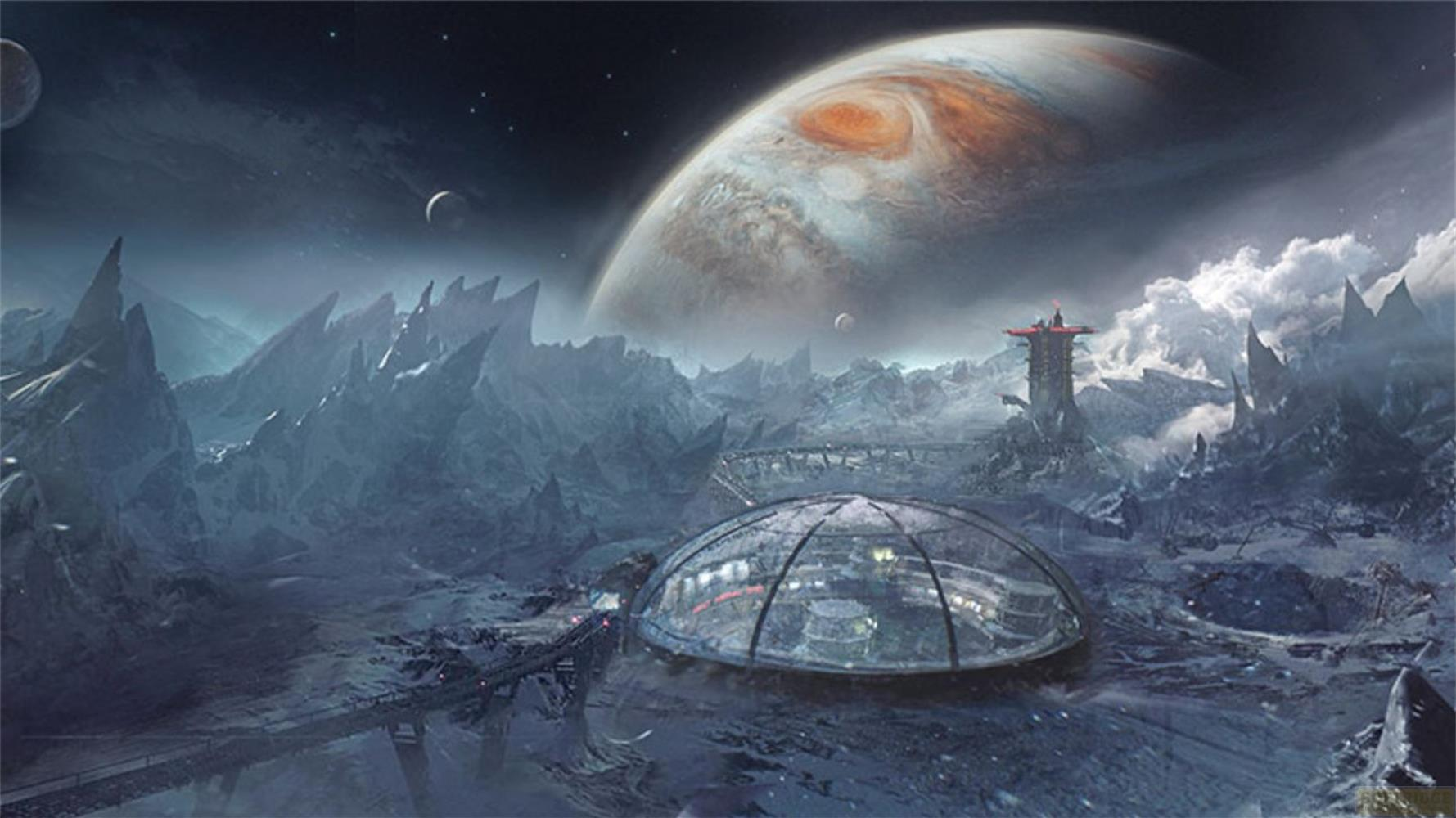 Eine futuristische Kuppelbasis auf einem verschneiten Mond, im Hintergrund ein riesiger Planet und scharfe Berge.