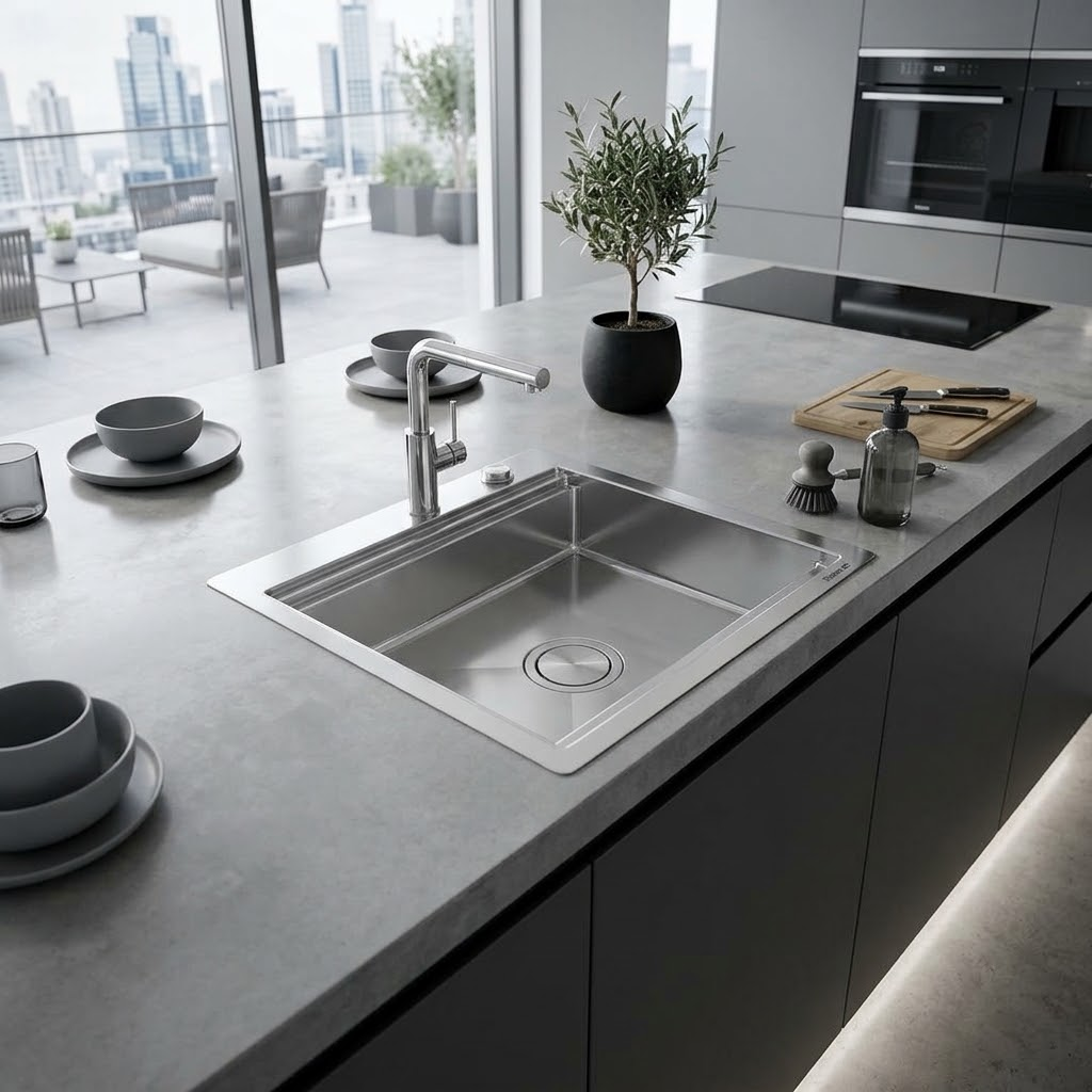 Moderna cucina grigia con lavello in acciaio inox, piano di lavoro e vista sulla città da grandi finestre.