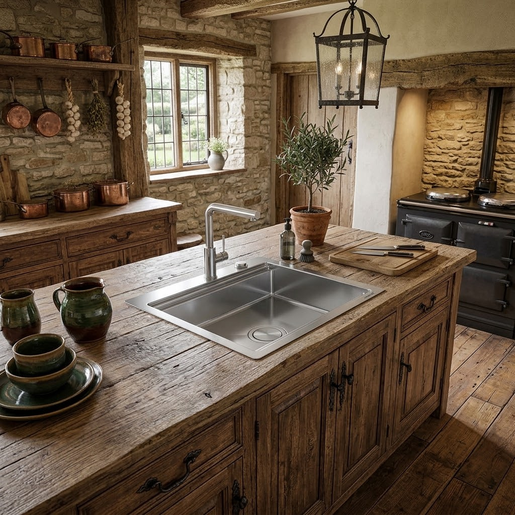 Cucina rustica con isola in legno, lavello in acciaio inox, mobili antichi e pareti in pietra.
