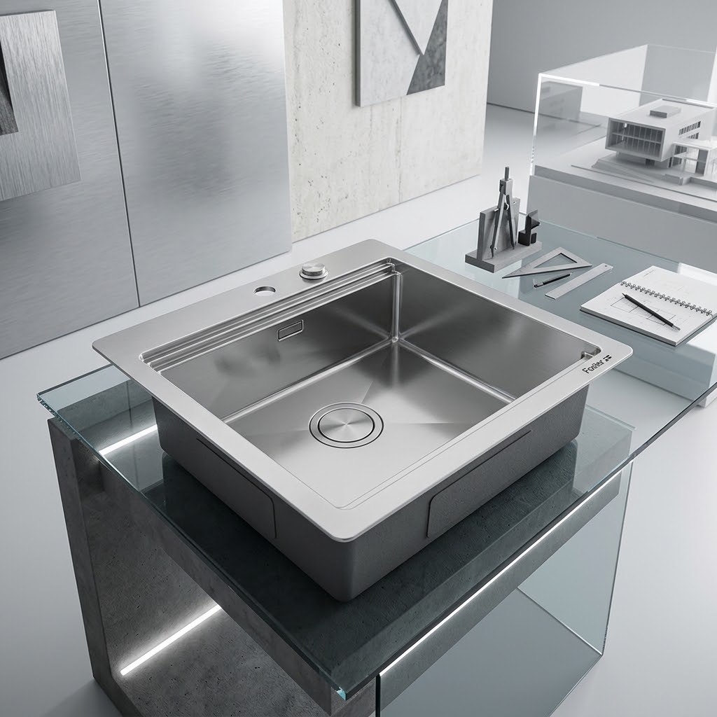 Un lavello in acciaio inox è montato su una scrivania di vetro moderna con strumenti di architettura.