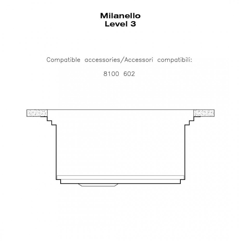 Schema che mostra le dimensioni di Milanello Livello 3 e gli accessori 8100 602.