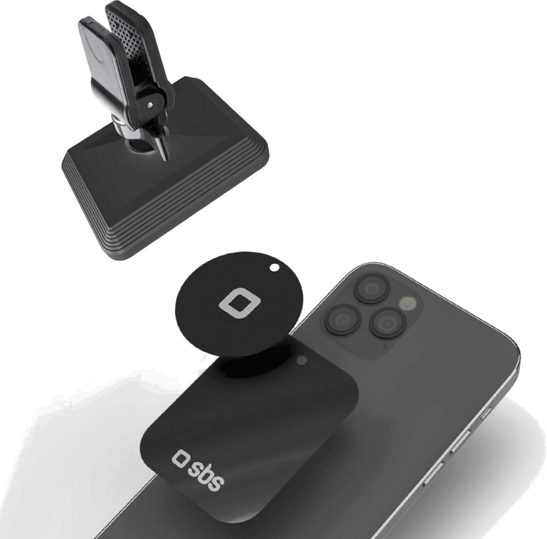 Un supporto per telefono nero con clip, un attacco magnetico e uno smartphone su sfondo bianco.