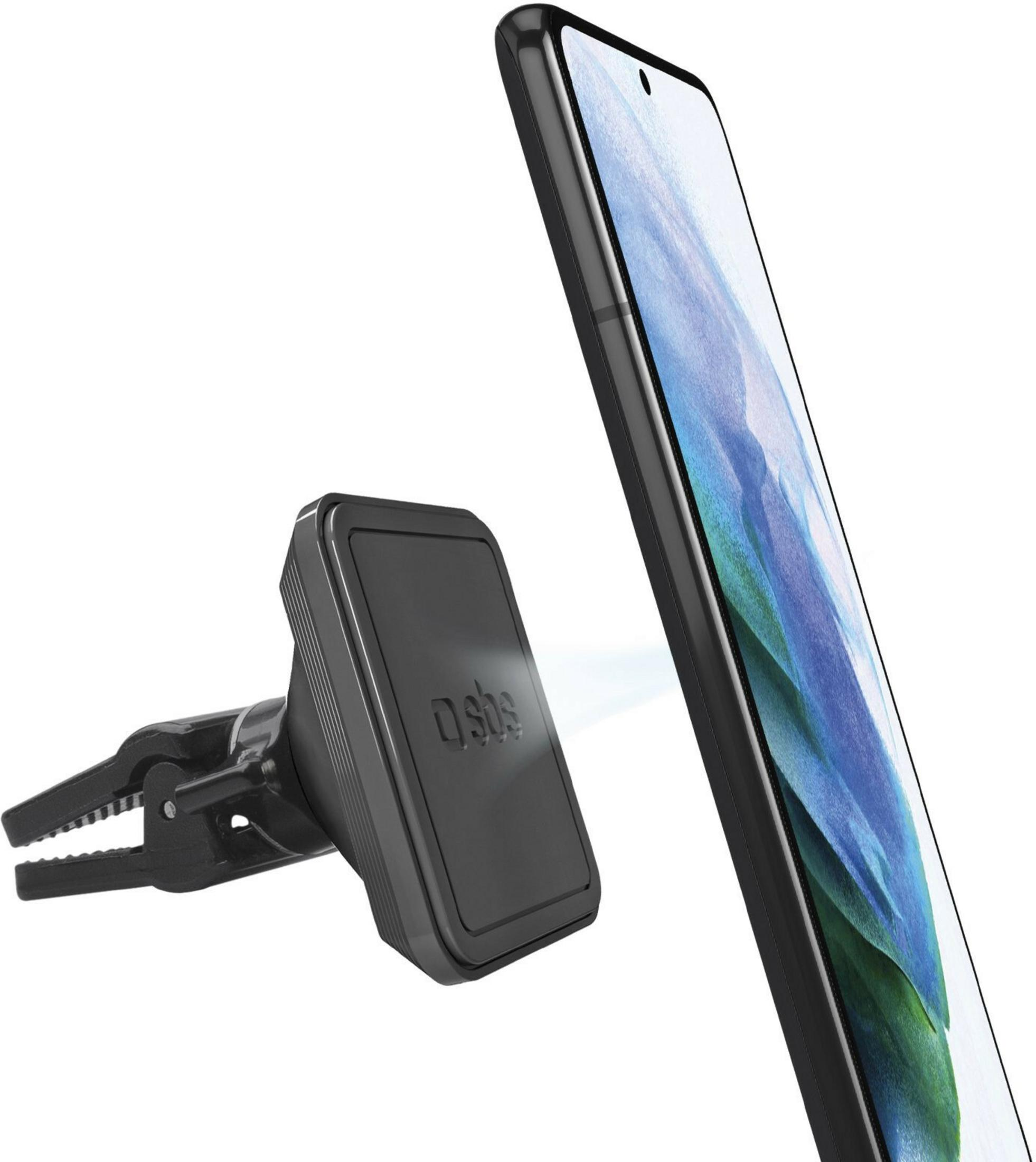 Supporto per auto nero con clip per bocchetta e smartphone con sfondo blu.