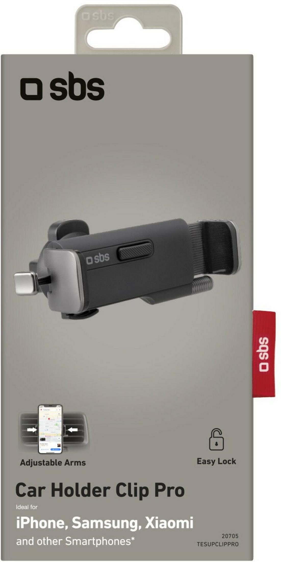Confezione del supporto per auto Car Holder Clip Pro con logo SBS e sfondo grigio.