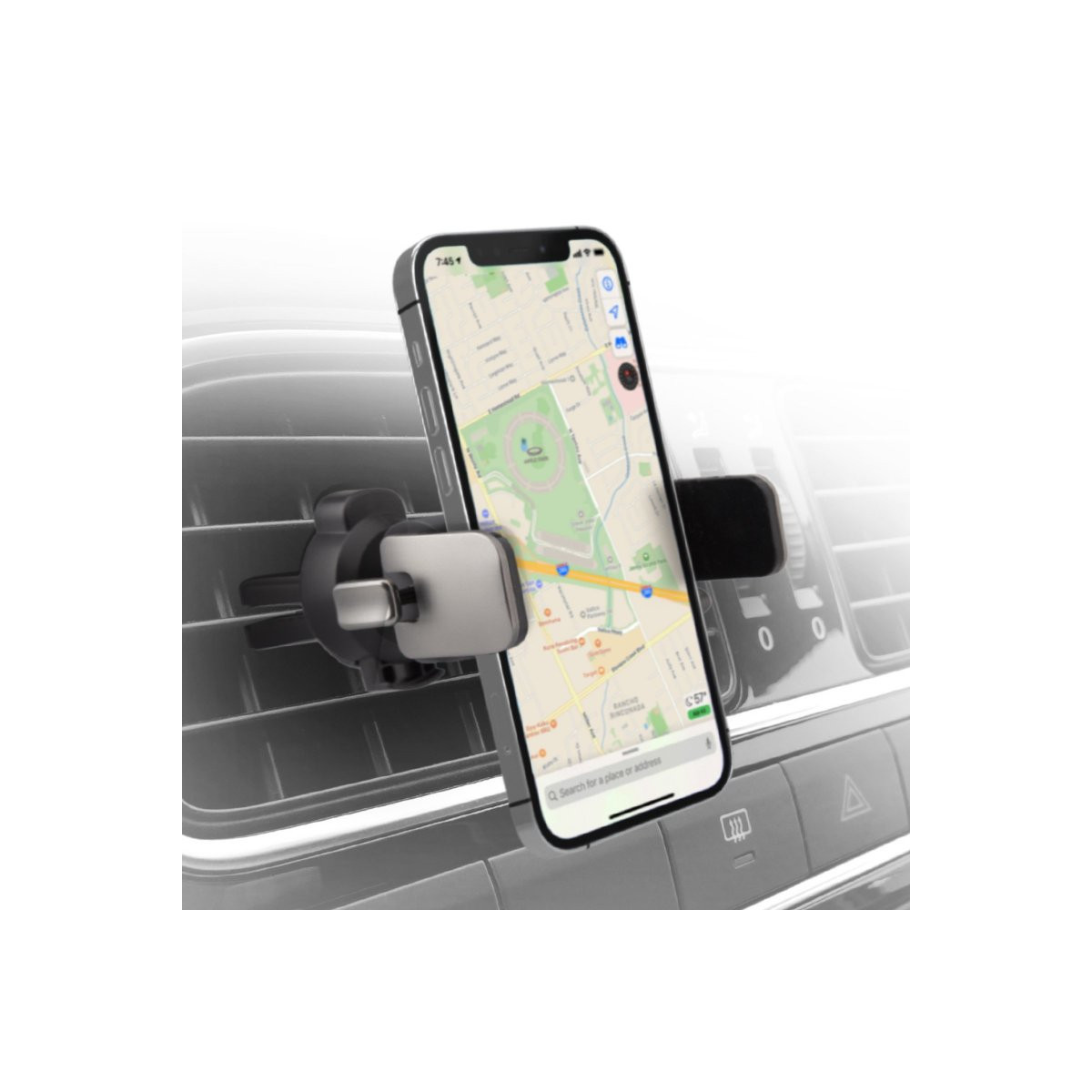 Uno smartphone con navigazione cartografica montato sul supporto della bocchetta d'aerazione dell'auto.