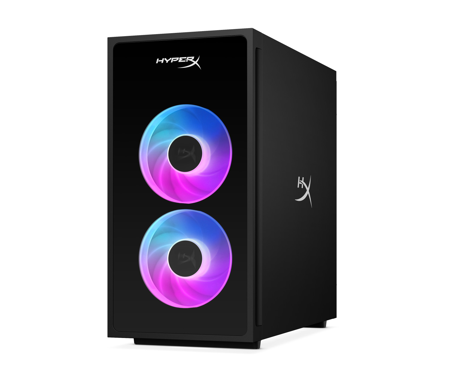 Un case per PC HyperX nero con due ventole RGB blu e rosa luminose sul davanti.