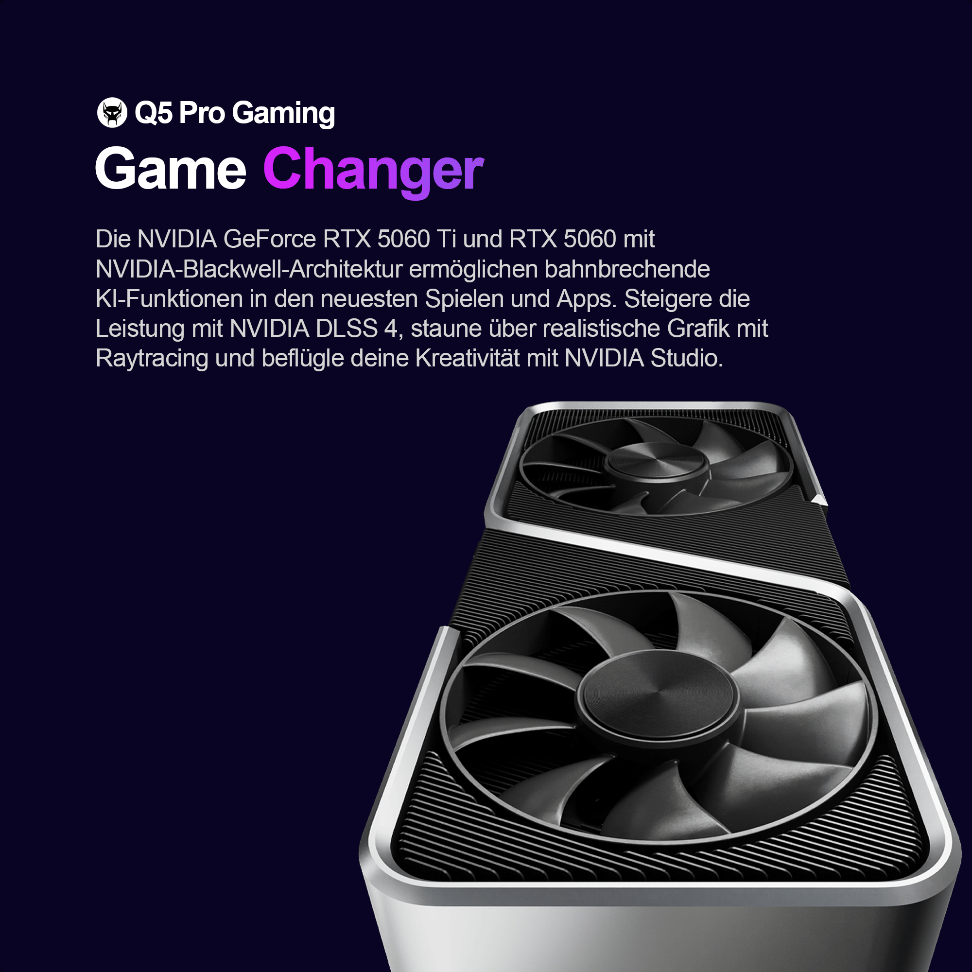 Karta graficzna na niebieskim tle z niemieckim tekstem o RTX 5060 i Q5 Pro Gaming.