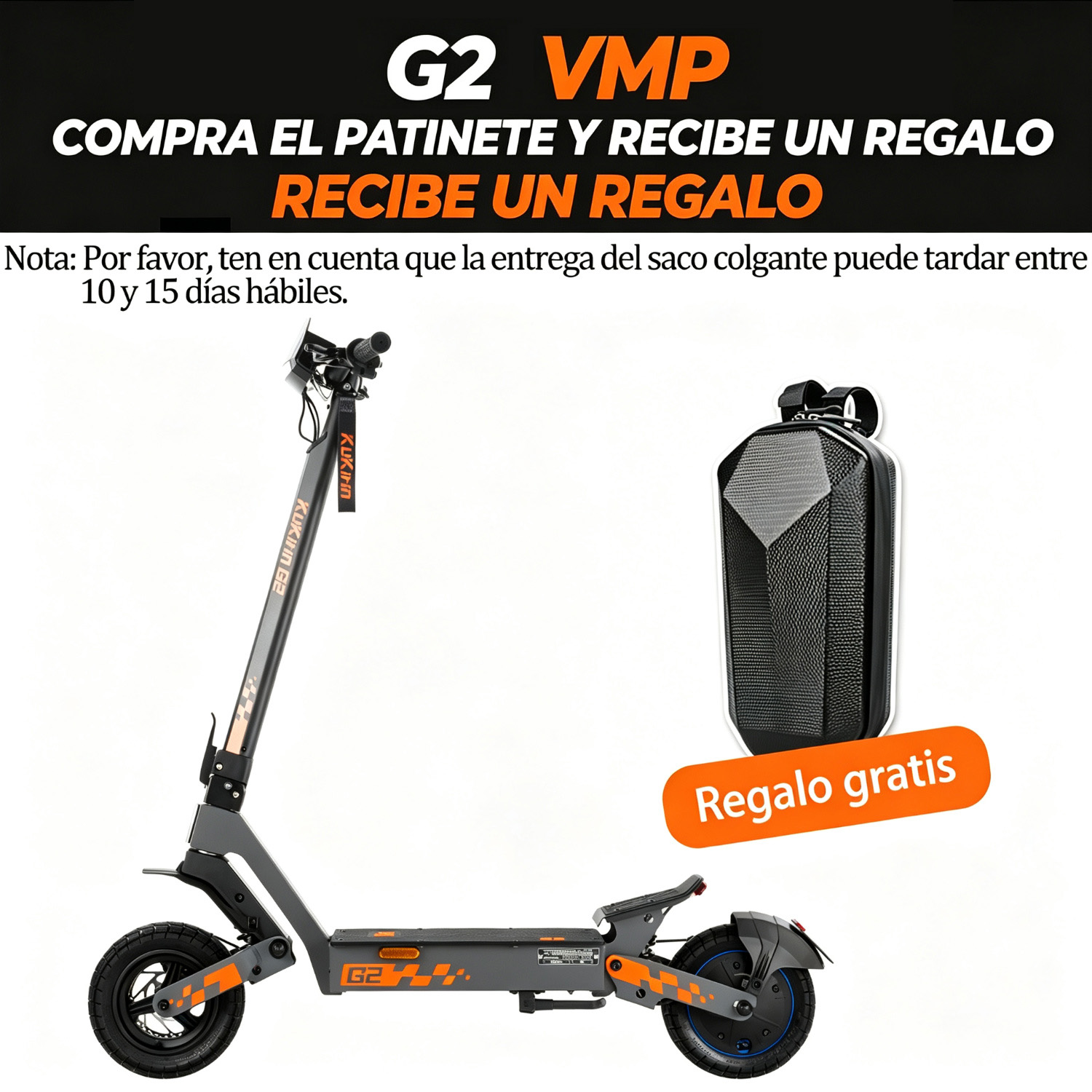Imagen promocional de un patinete eléctrico G2 VMP con una mochila gratis de regalo.