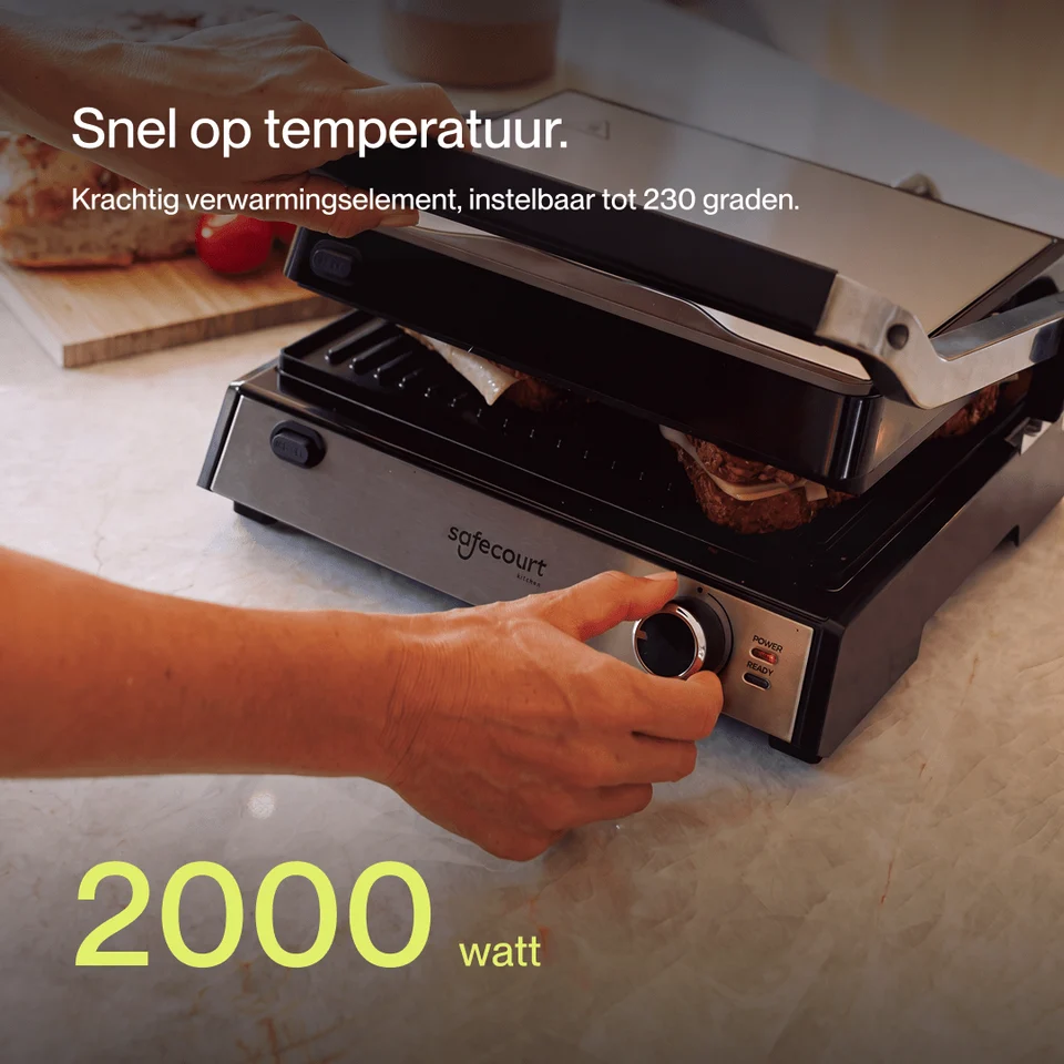 Une personne règle le thermostat d'un gril de contact Safecourt avec des aliments.