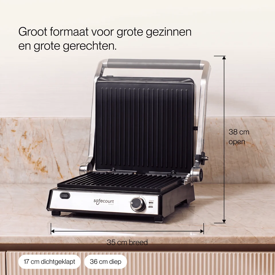 Gril de contact sur plan de travail en marbre avec dimensions de largeur, profondeur et hauteur.