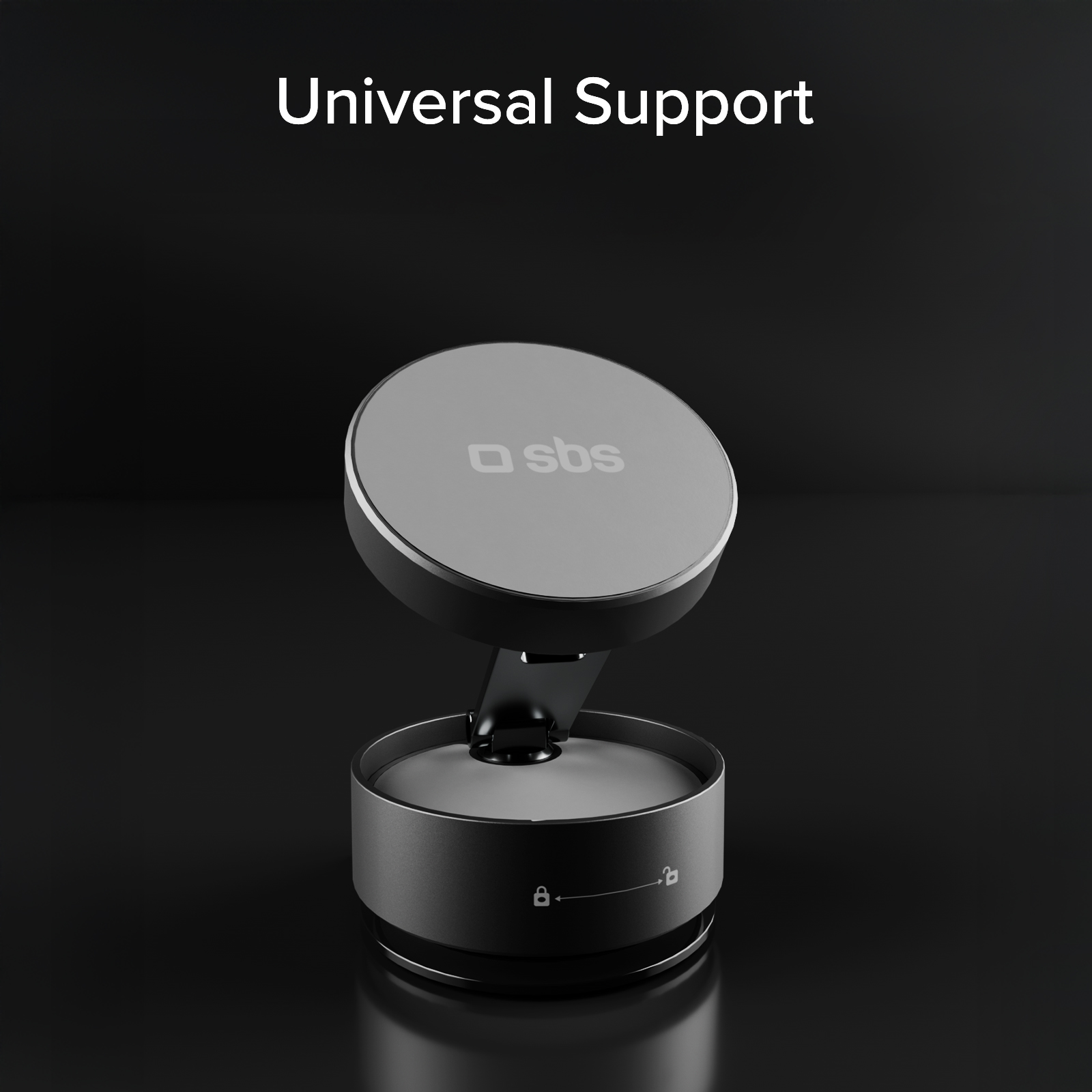 Soporte universal negro con base redonda y cabezal ajustable sobre fondo oscuro.