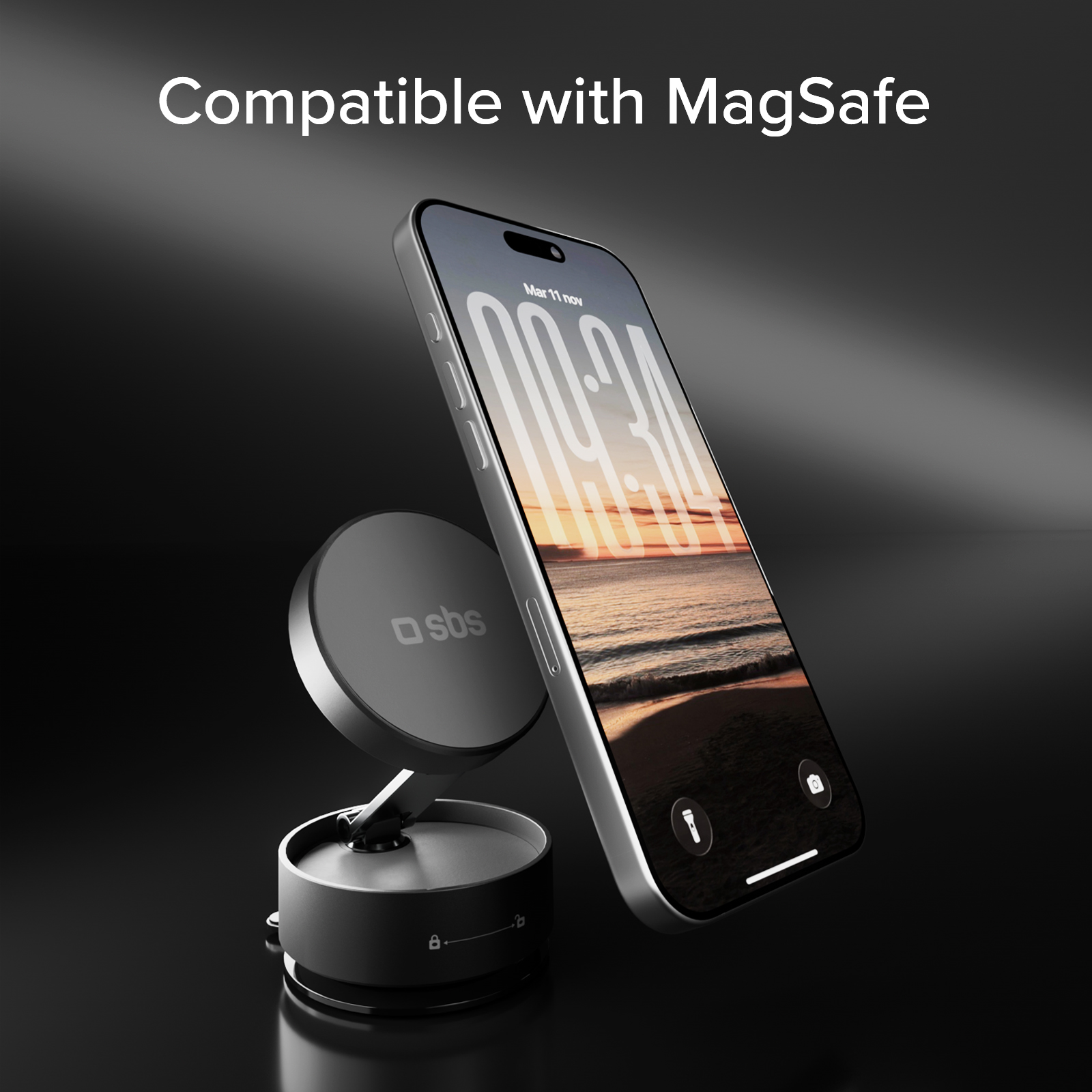 Un smartphone magnéticamente unido a un soporte de carga sobre fondo oscuro, con texto Compatible con MagSafe.