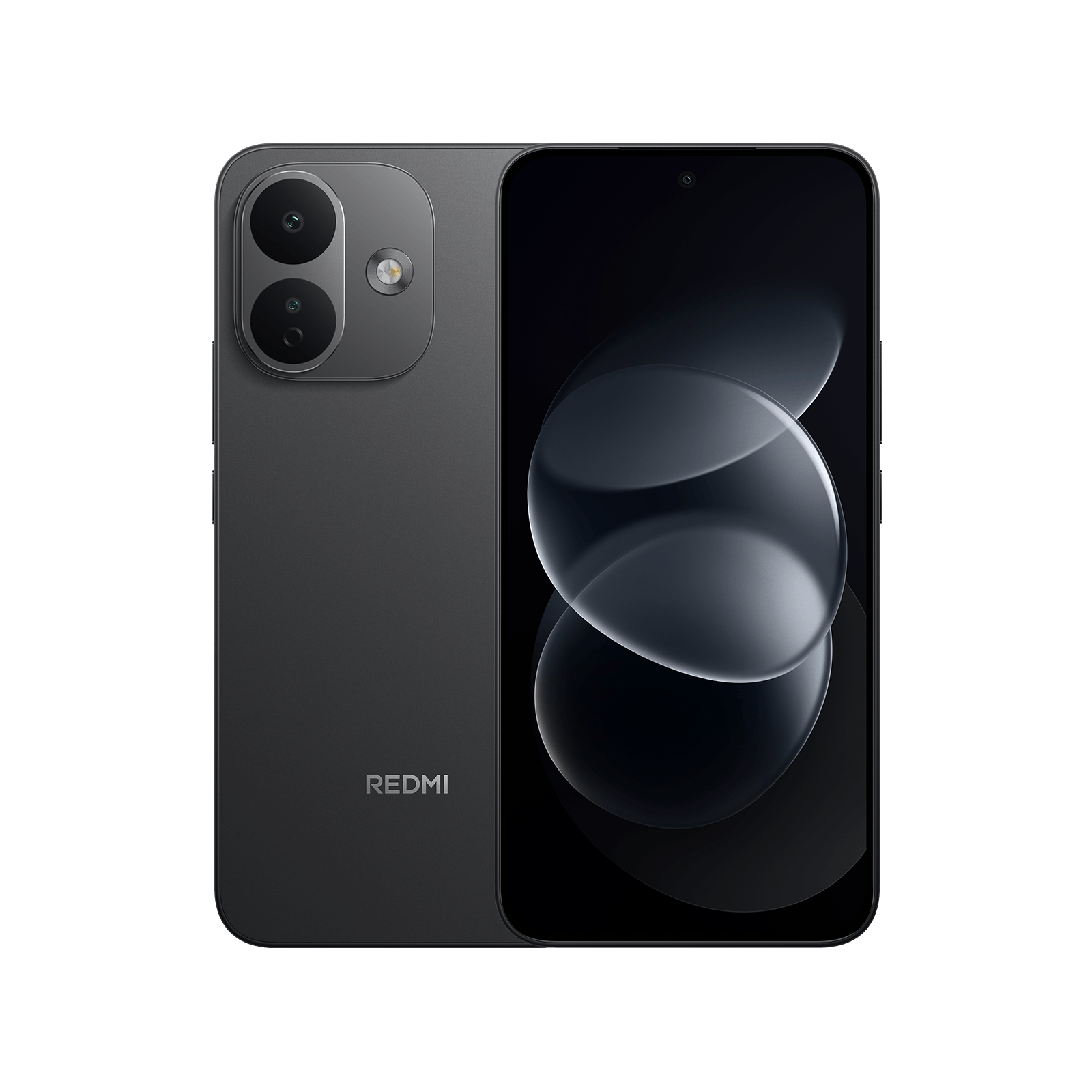 Dunkelgraues Redmi-Smartphone, Vorder- und Rückseite gezeigt, mit Doppel-Kamera und geschwungenen Blasen auf dem Display.