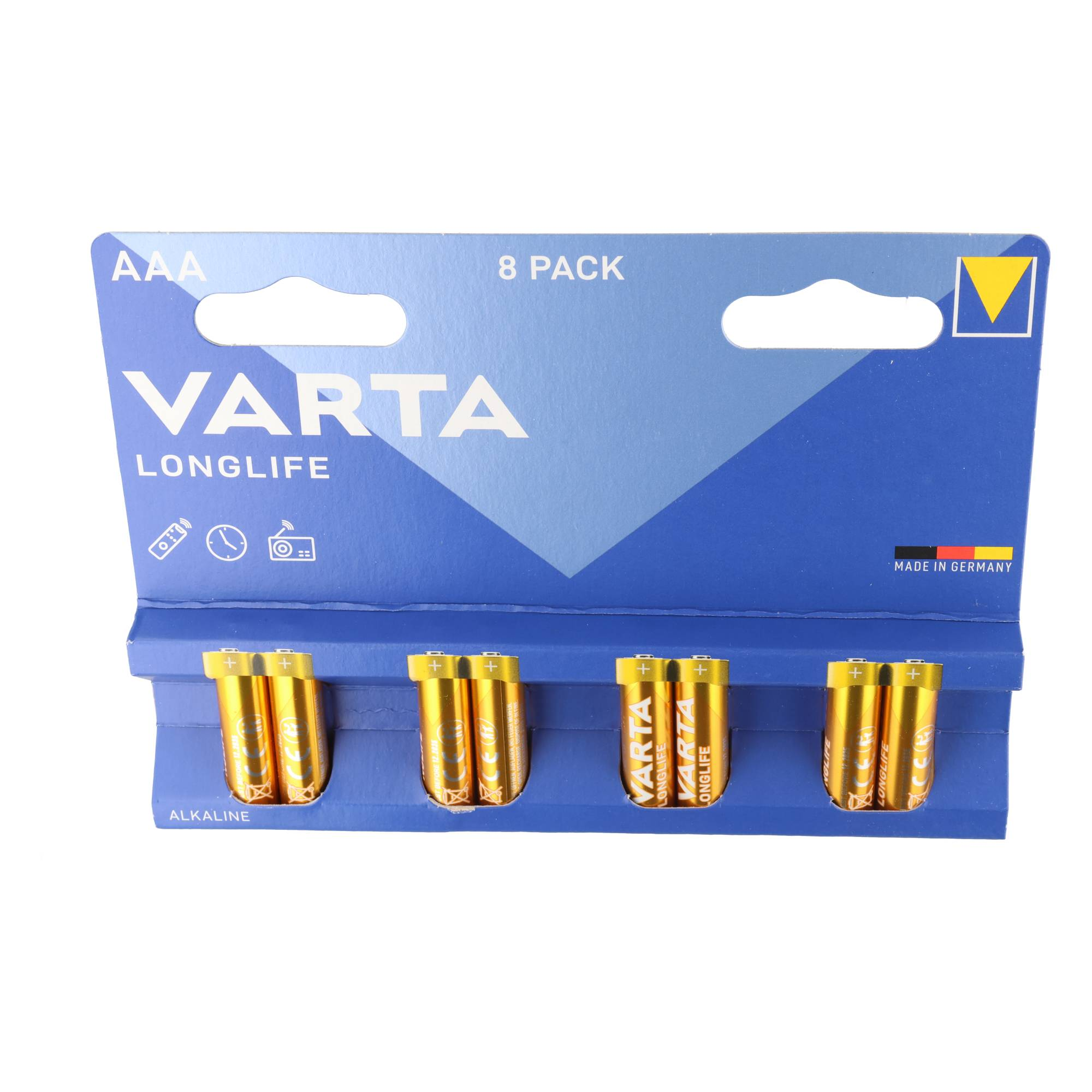 Paquete de pilas AAA Varta Longlife azul y blanco con ocho pilas doradas sobre fondo blanco.