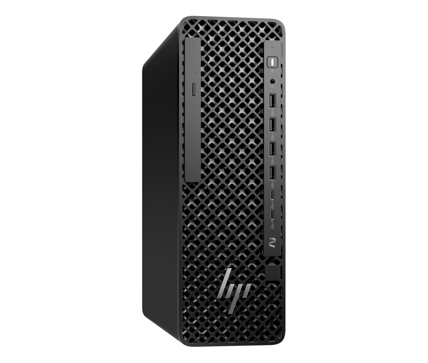Computer desktop HP nero con parte anteriore in rete, porte USB e logo HP su sfondo bianco.