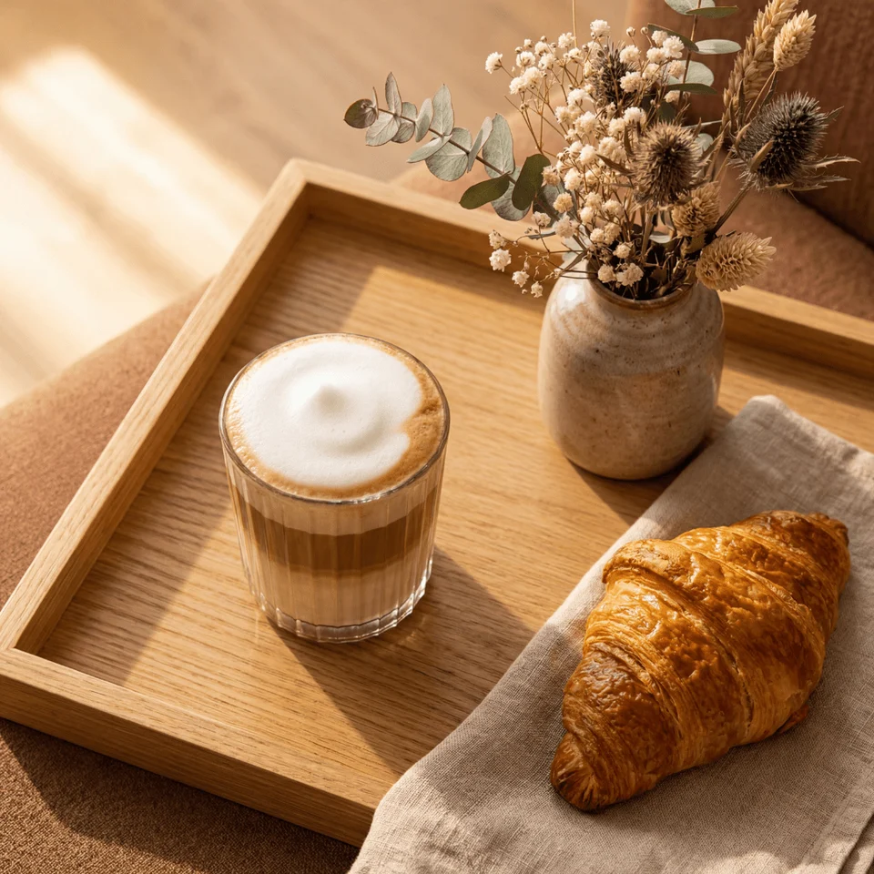 Een houten dienblad met een latte macchiato, een croissant en een vaasje bloemen in warm zonlicht.