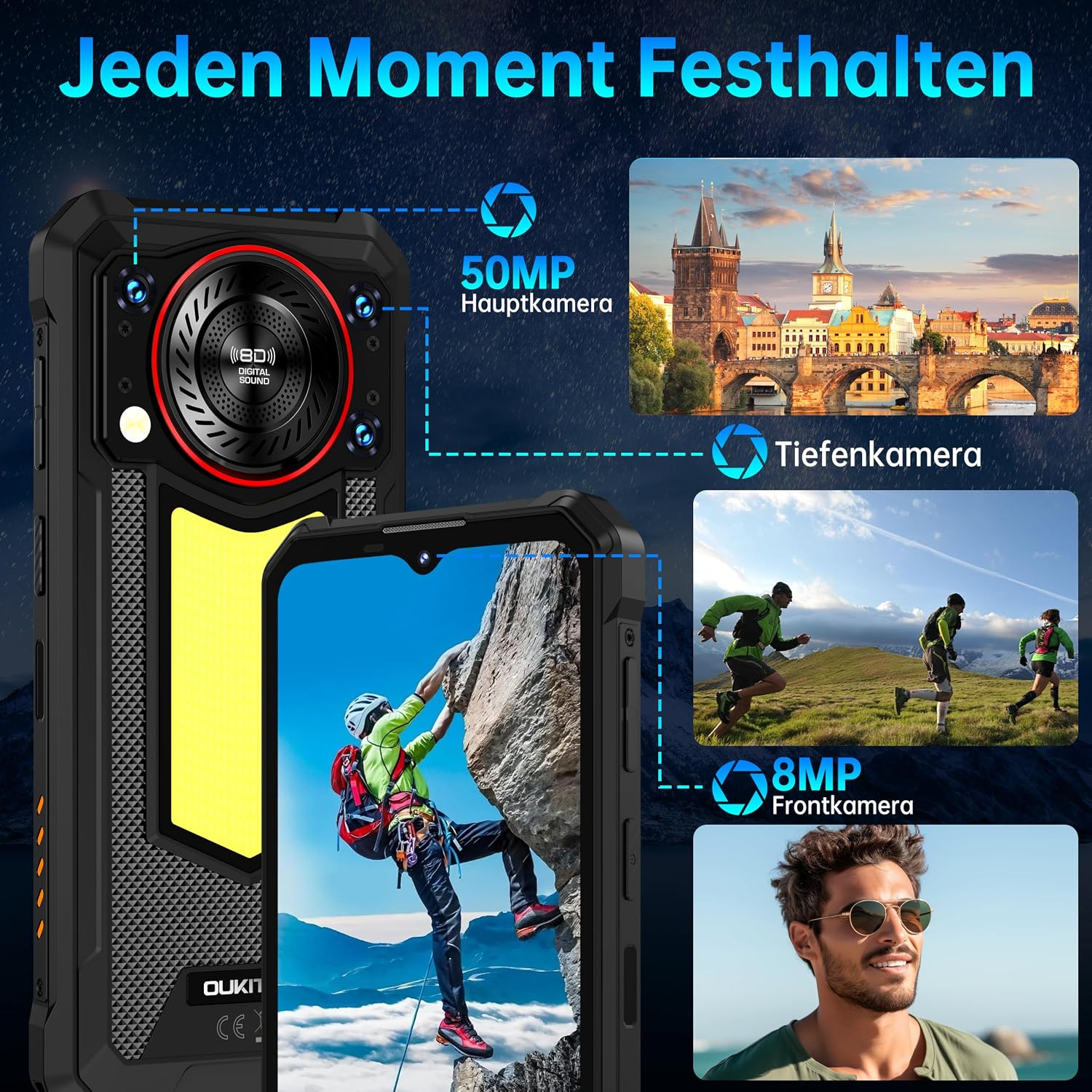 Robuster Smartphone-Werbebanner mit Kameraspezifikationen, Landschafts- und Actionfotos.