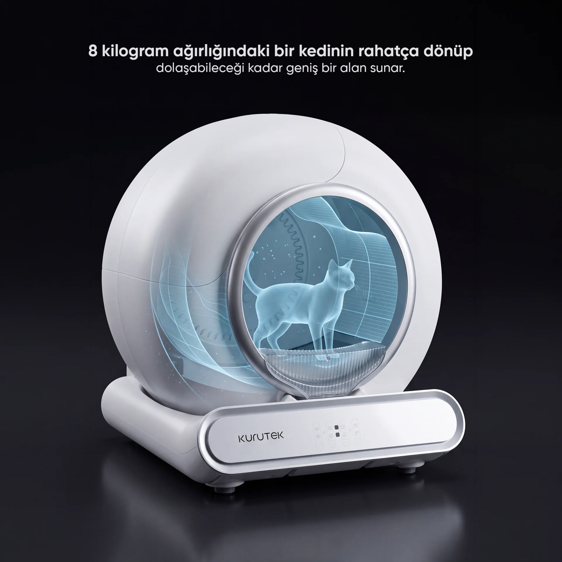 İçinde mavi aydınlatma ve holografik kedi bulunan beyaz, futuristik otomatik kedi tuvaleti.