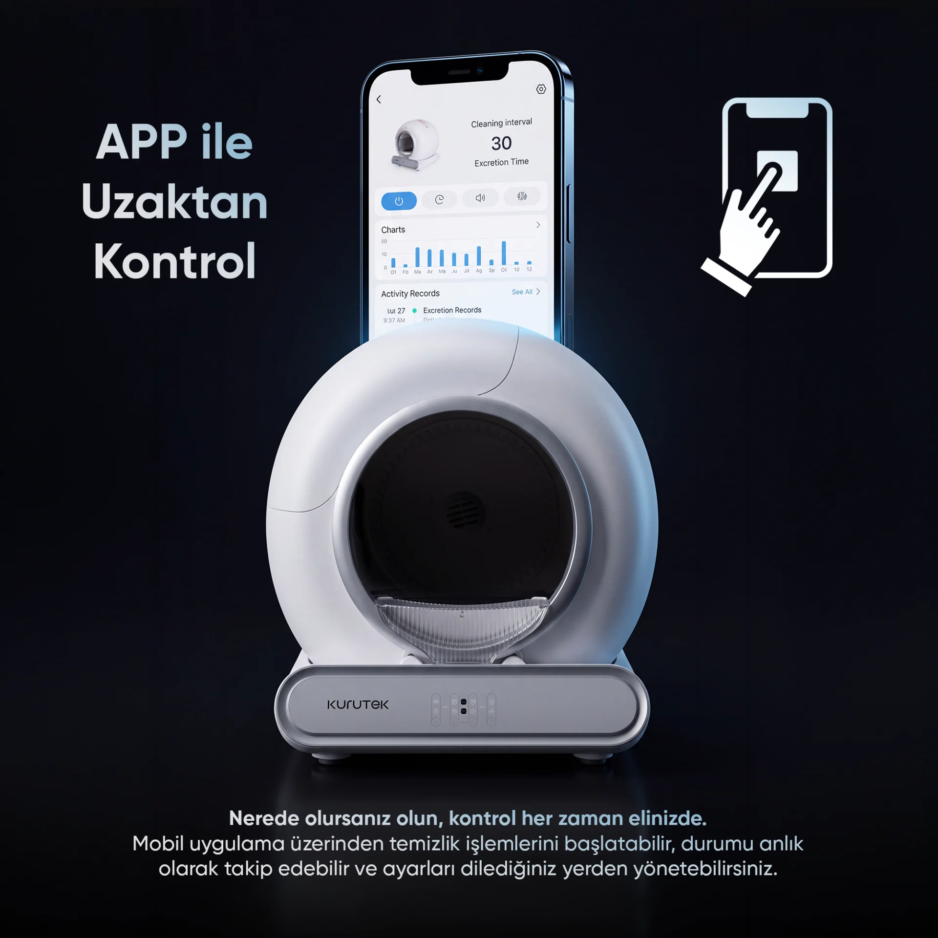 Koyu arka planda uygulama kontrollerini gösteren akıllı telefonlu beyaz akıllı kedi tuvaleti.