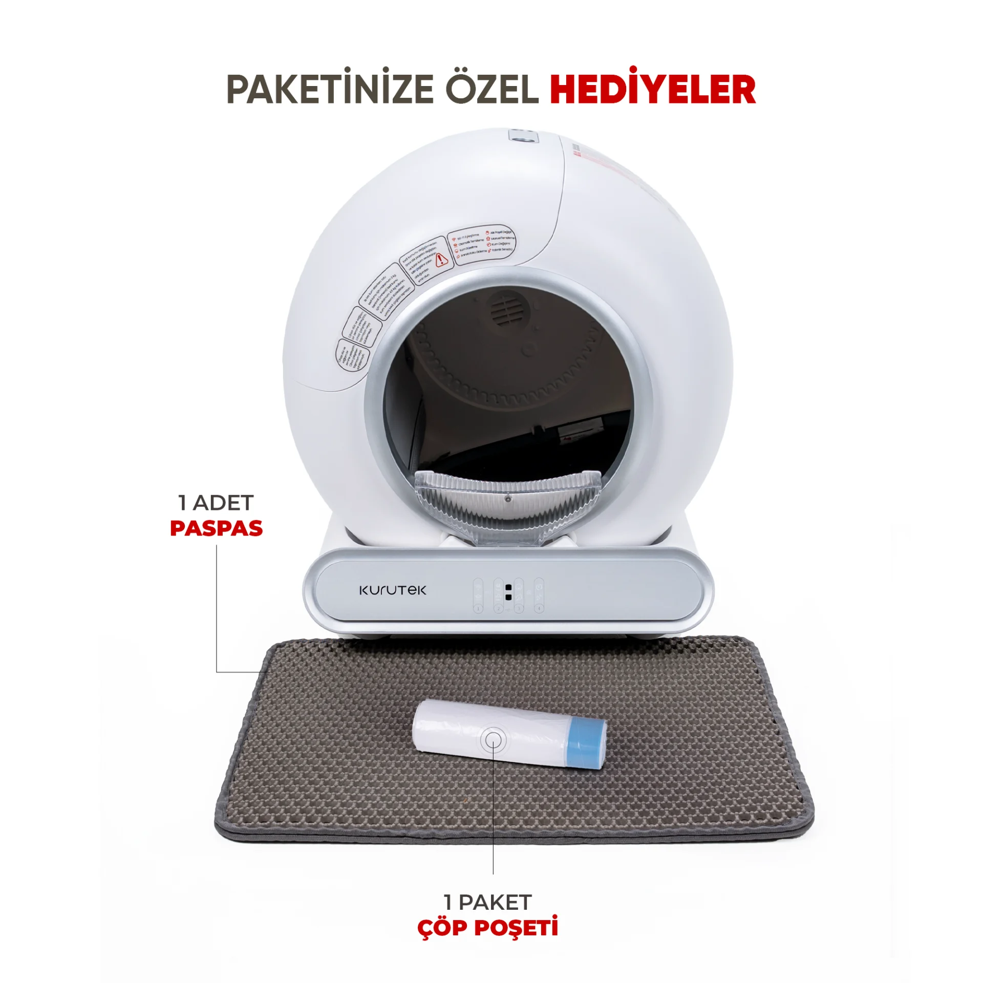 Gri paspas ve çöp poşeti rulosu olan beyaz otomatik kedi tuvaleti.