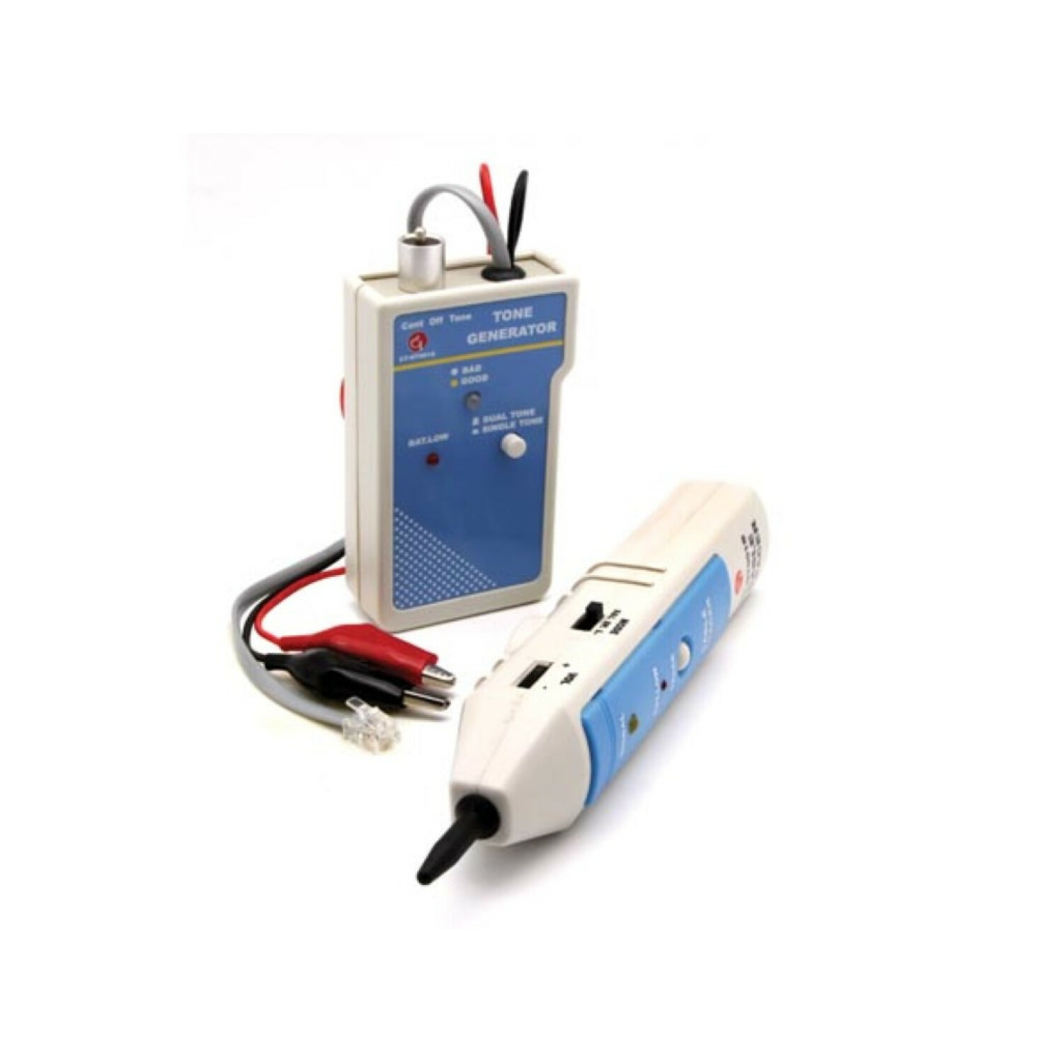 Un générateur de tonalité blanc et bleu avec des pinces crocodiles rouge et noire et une sonde sur fond blanc.