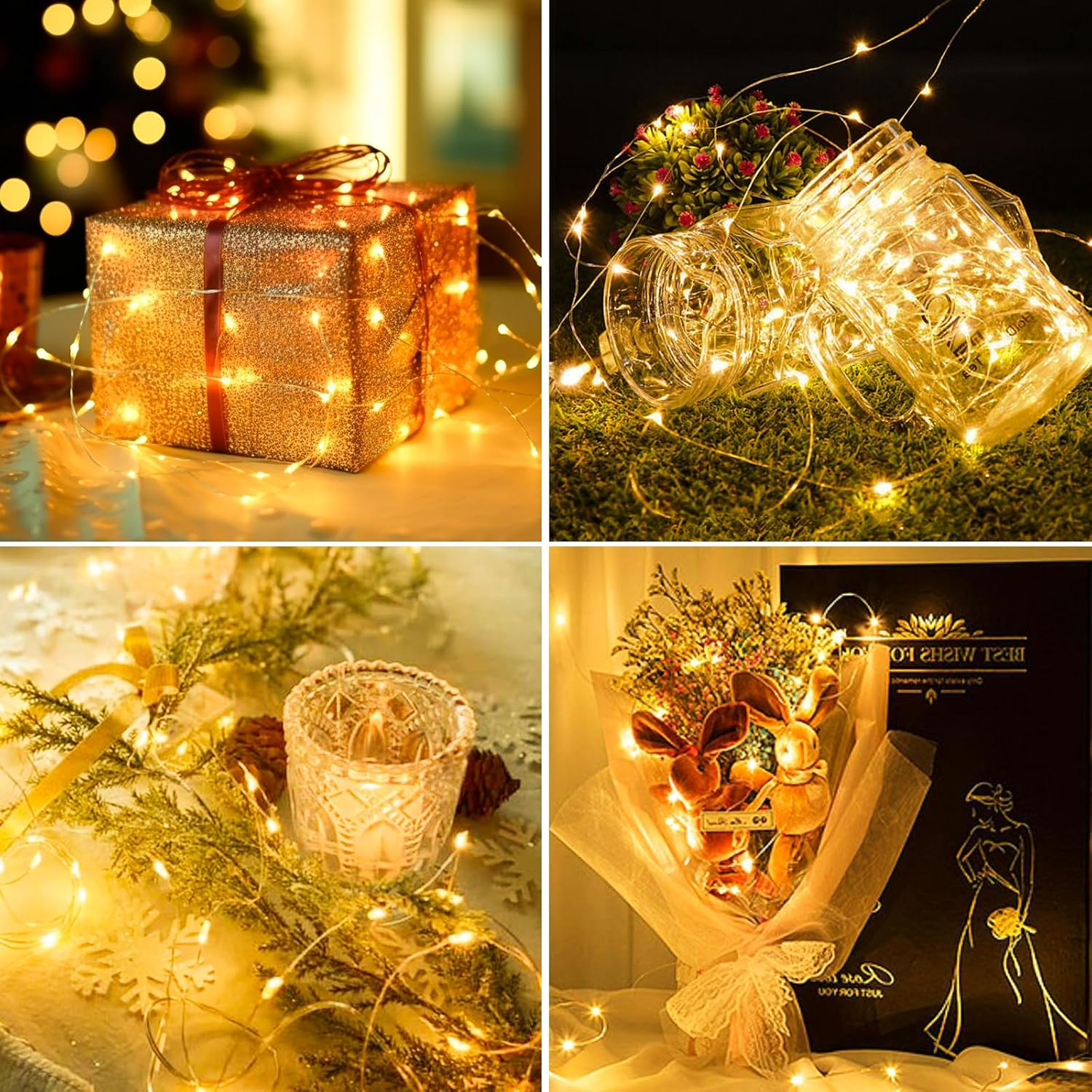 Vier Bilder zeigen Lichterketten mit Geschenken, Gläsern im Gras, Kerzen mit Tannenzweigen und einem Blumenstrauß.