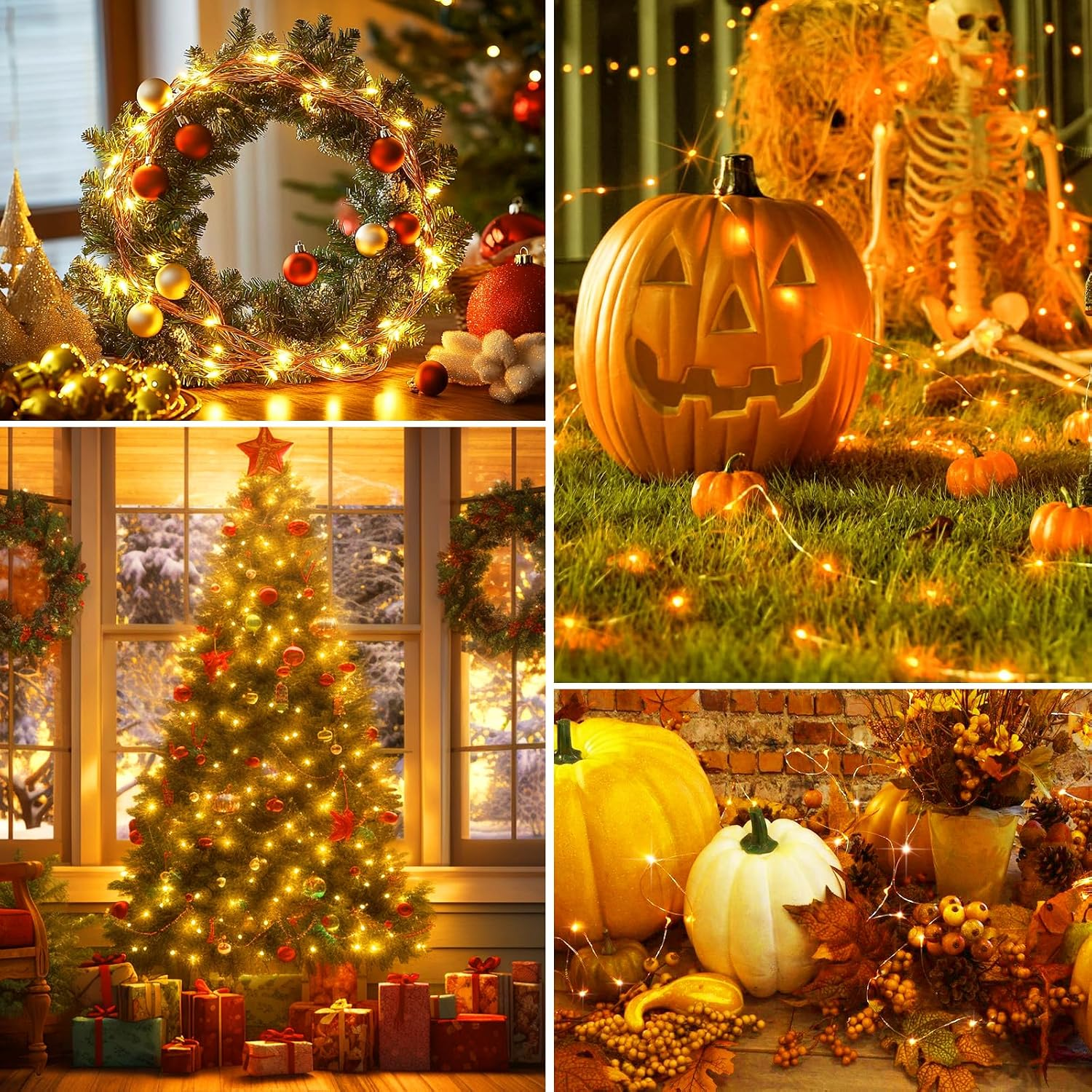 Collage mit Weihnachtsschmuck und herbstlichen Halloween-Dekorationen mit Kürbissen und Lichtern.