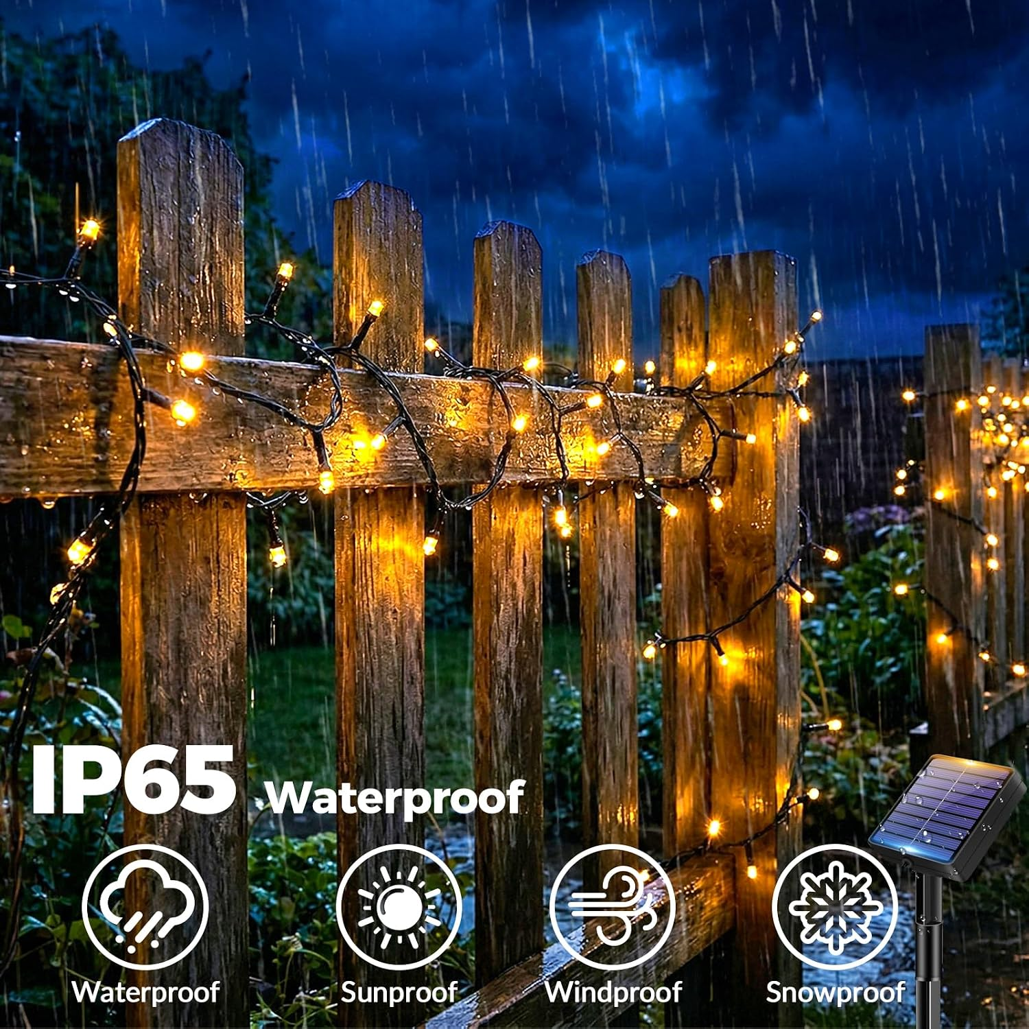 Wasserdichte Lichterkette an einem Holzzaun im Regen bei Nacht mit IP65-Symbolen.